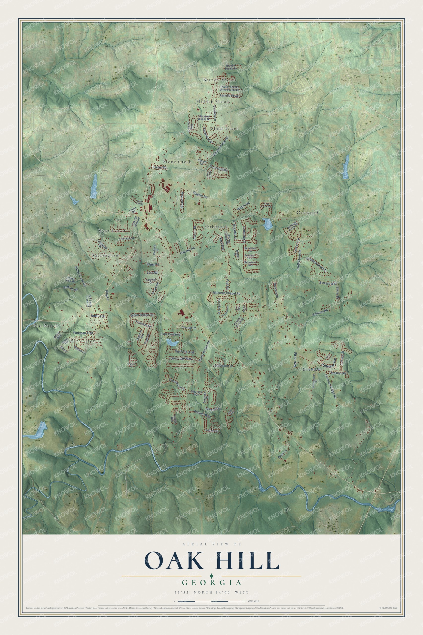 Full map of Oak Hill, Georgia, with red buildings, printed street names and the land around them