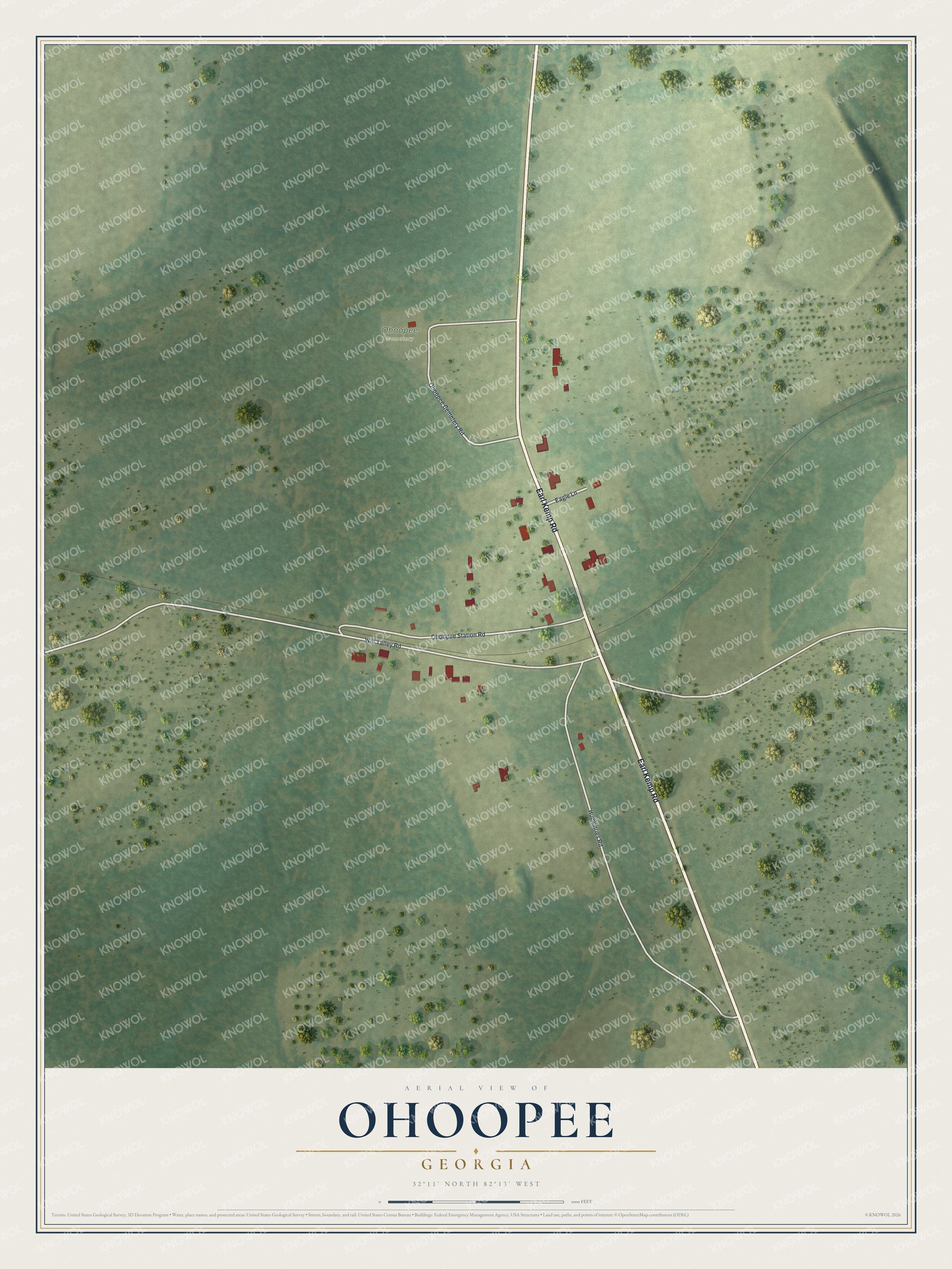 Full map of Ohoopee, Georgia, with red buildings, printed street names and the land around them