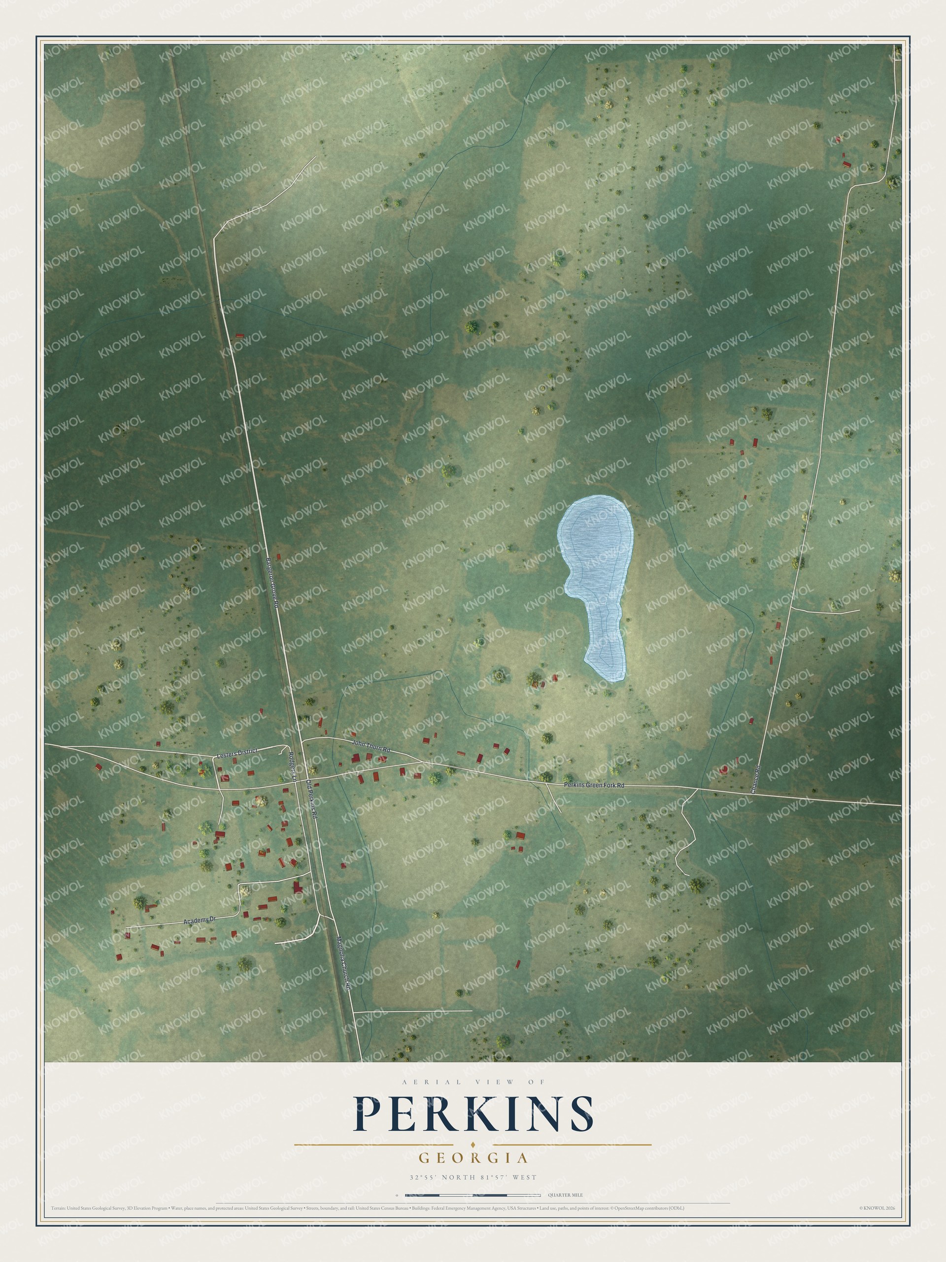 Full map of Perkins, Georgia, with red buildings, printed street names and the land around them