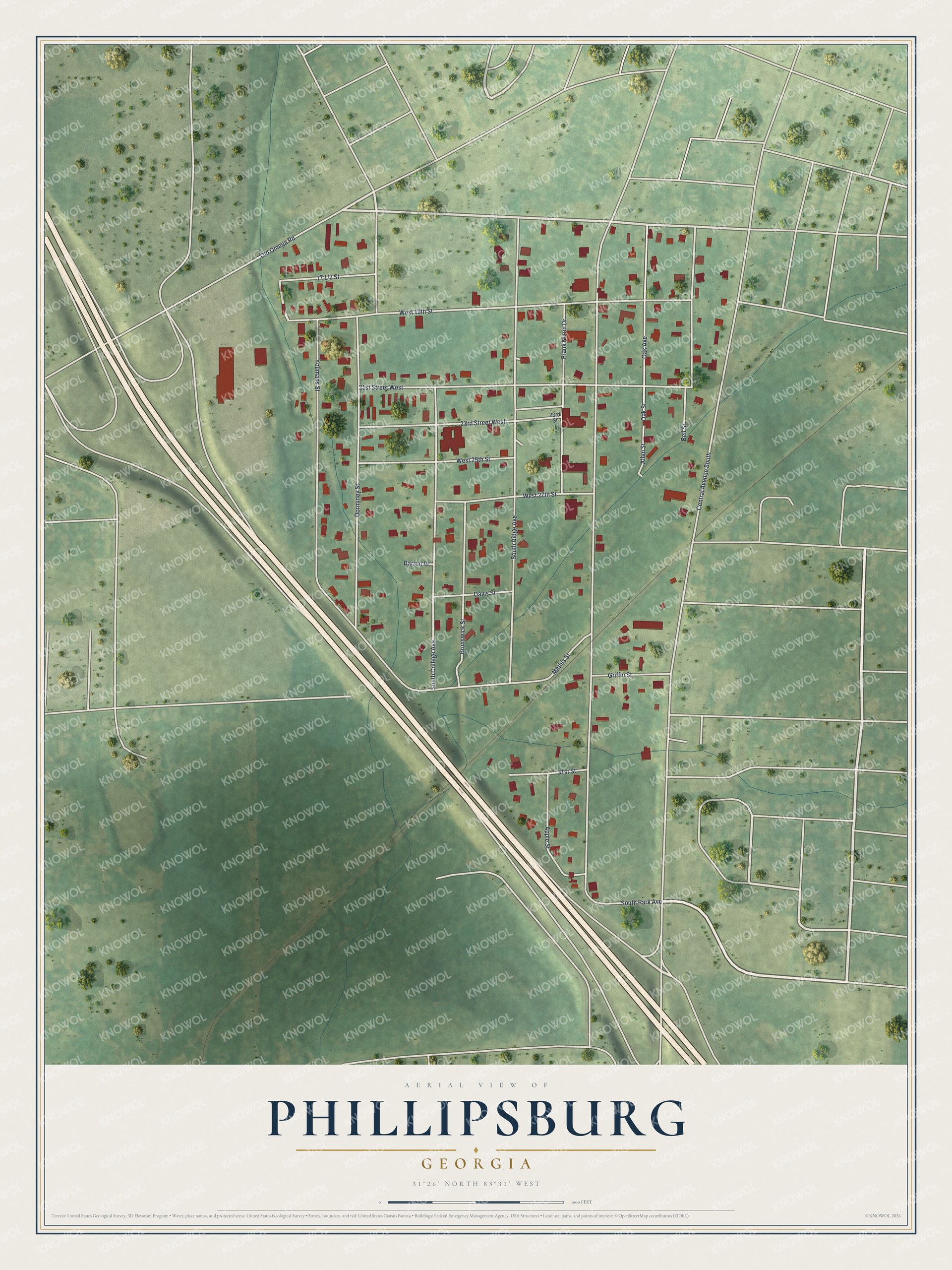 Full map of Phillipsburg, Georgia, with red buildings, printed street names and the land around them