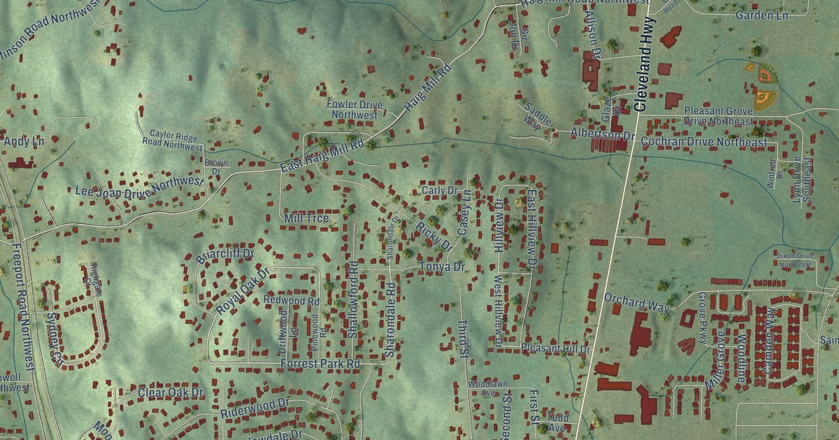 Close-up of streets and buildings in Pleasant Grove, Georgia