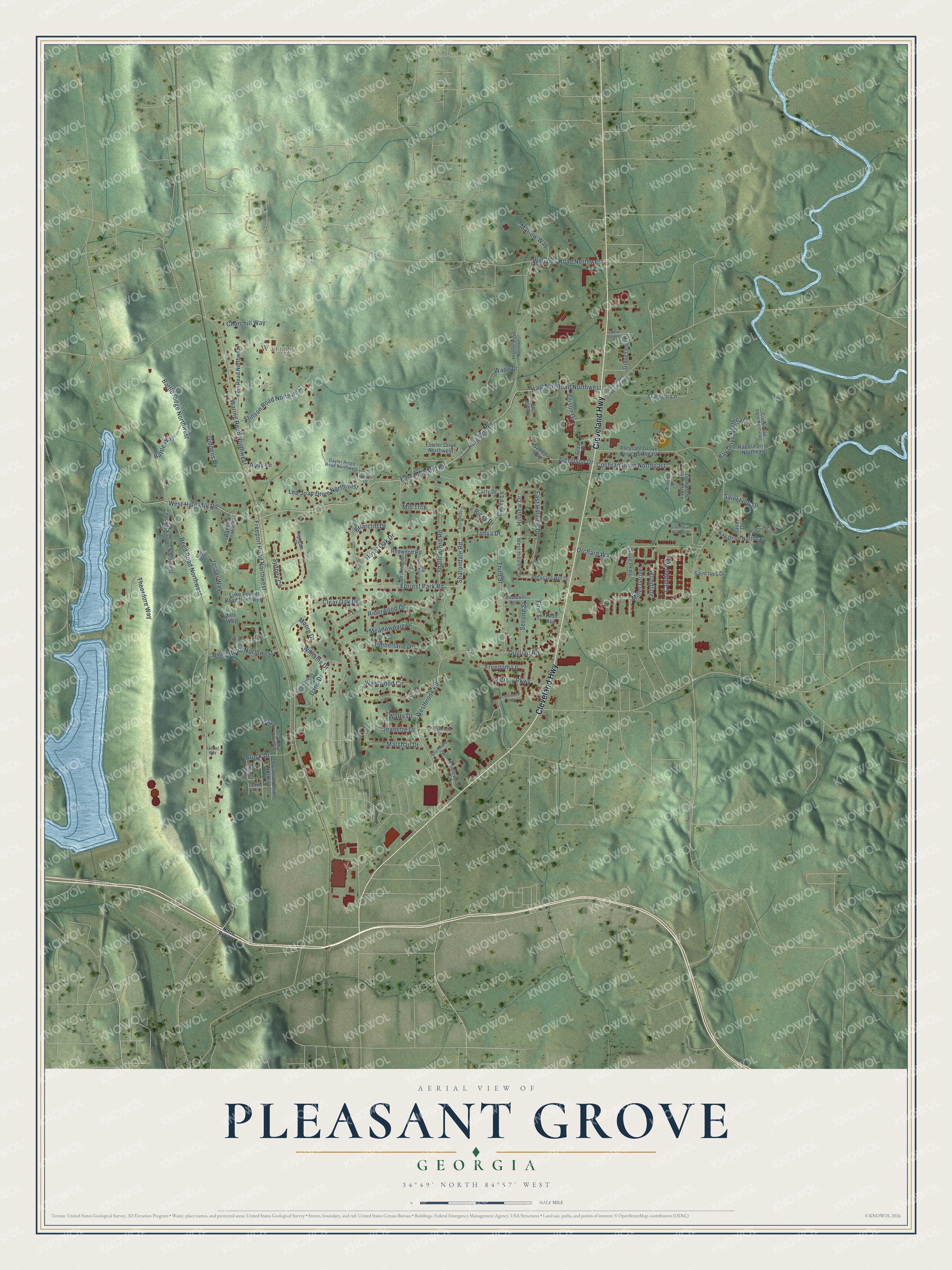 Full map of Pleasant Grove, Georgia, with red buildings, printed street names and the land around them