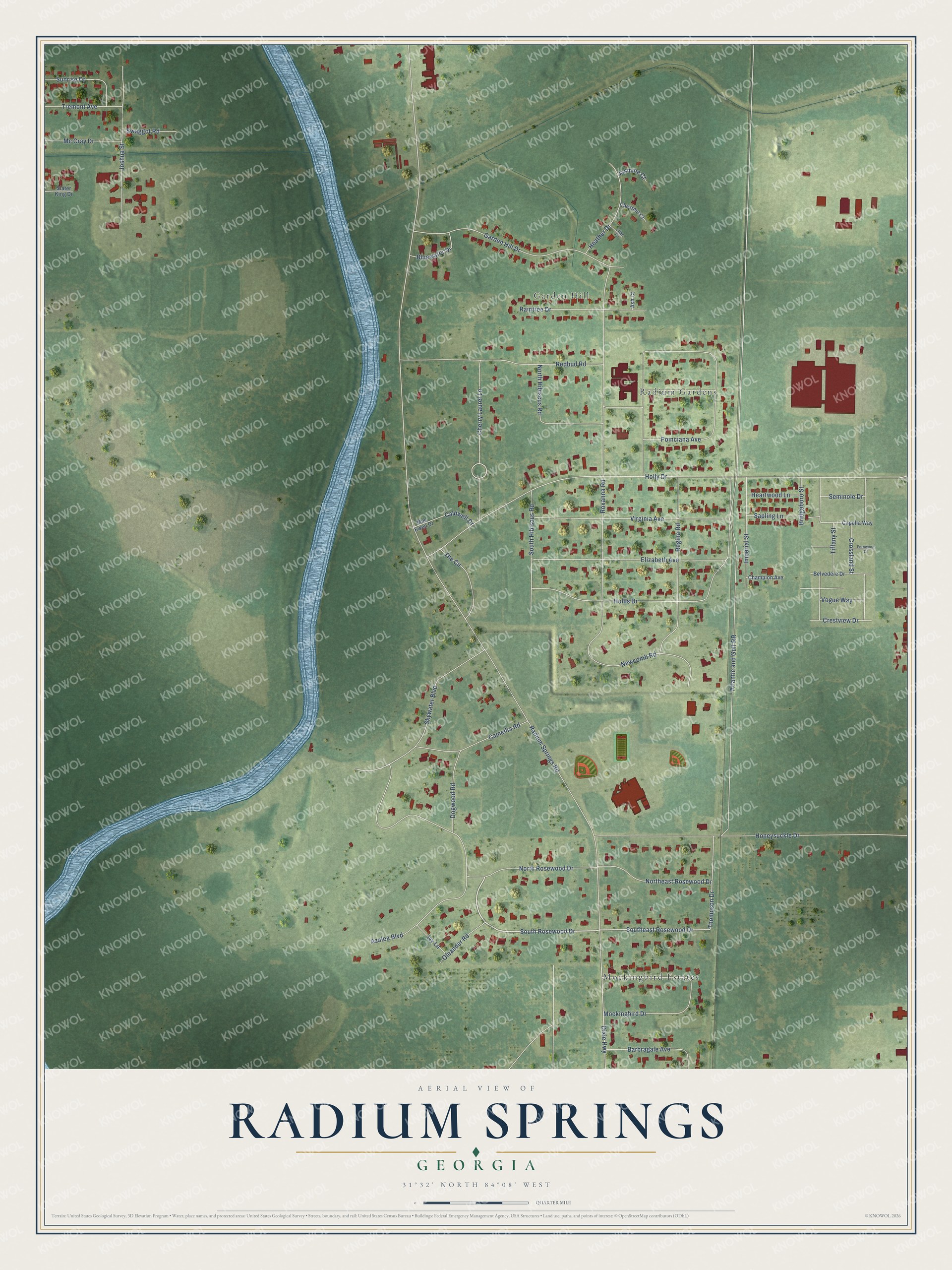 Full map of Radium Springs, Georgia, with red buildings, printed street names and the land around them