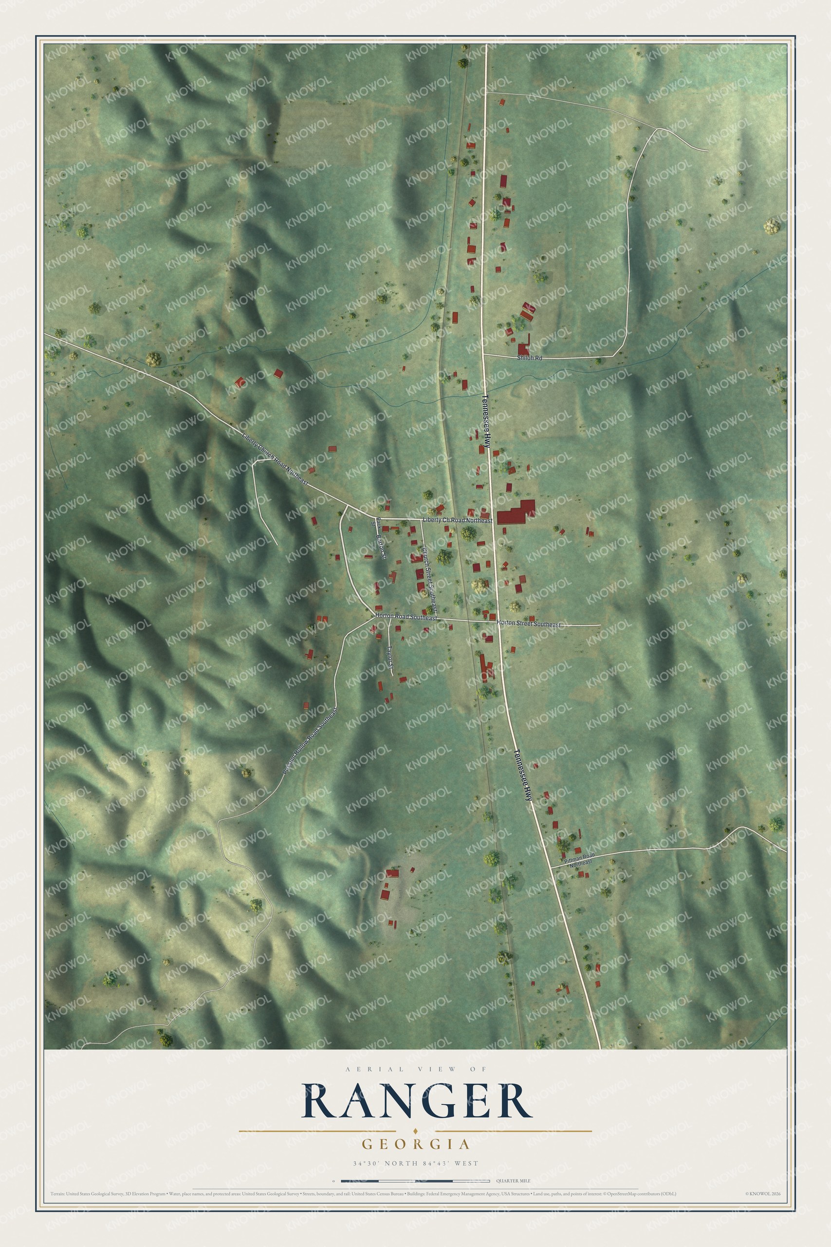 Full map of Ranger, Georgia, with red buildings, printed street names and the land around them