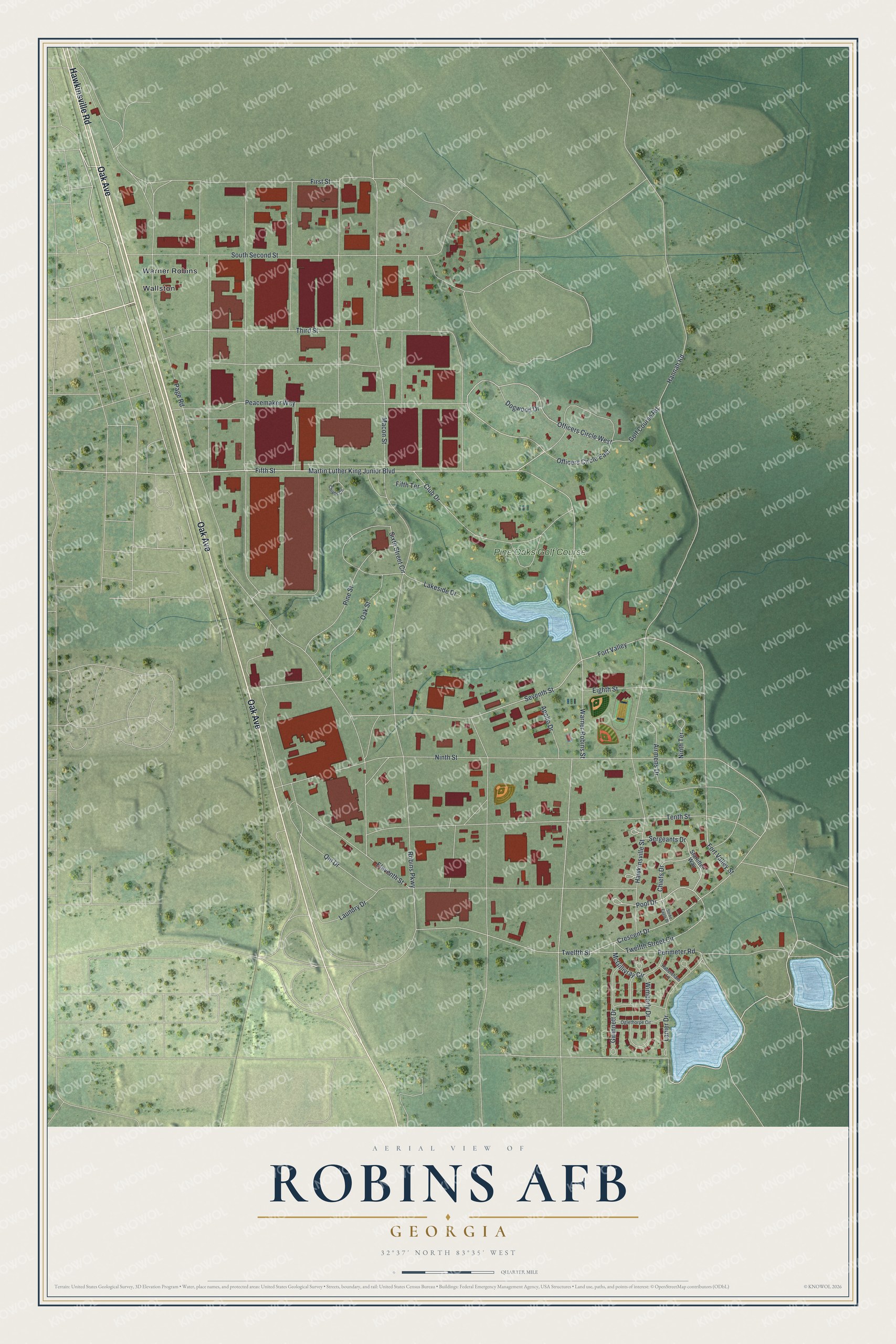 Full map of Robins AFB, Georgia, with red buildings, printed street names and the land around them