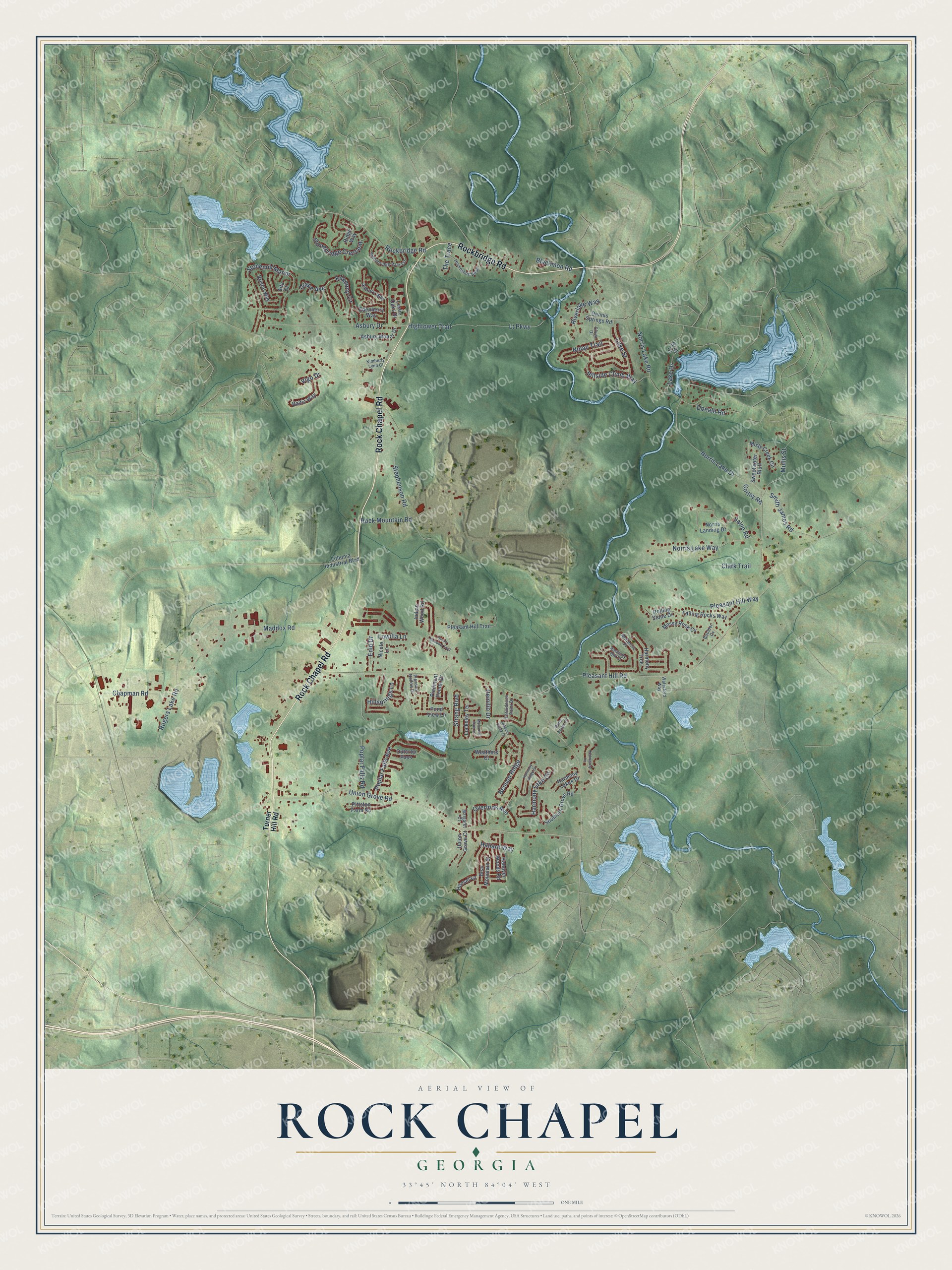 Full map of Rock Chapel, Georgia, with red buildings, printed street names and the land around them