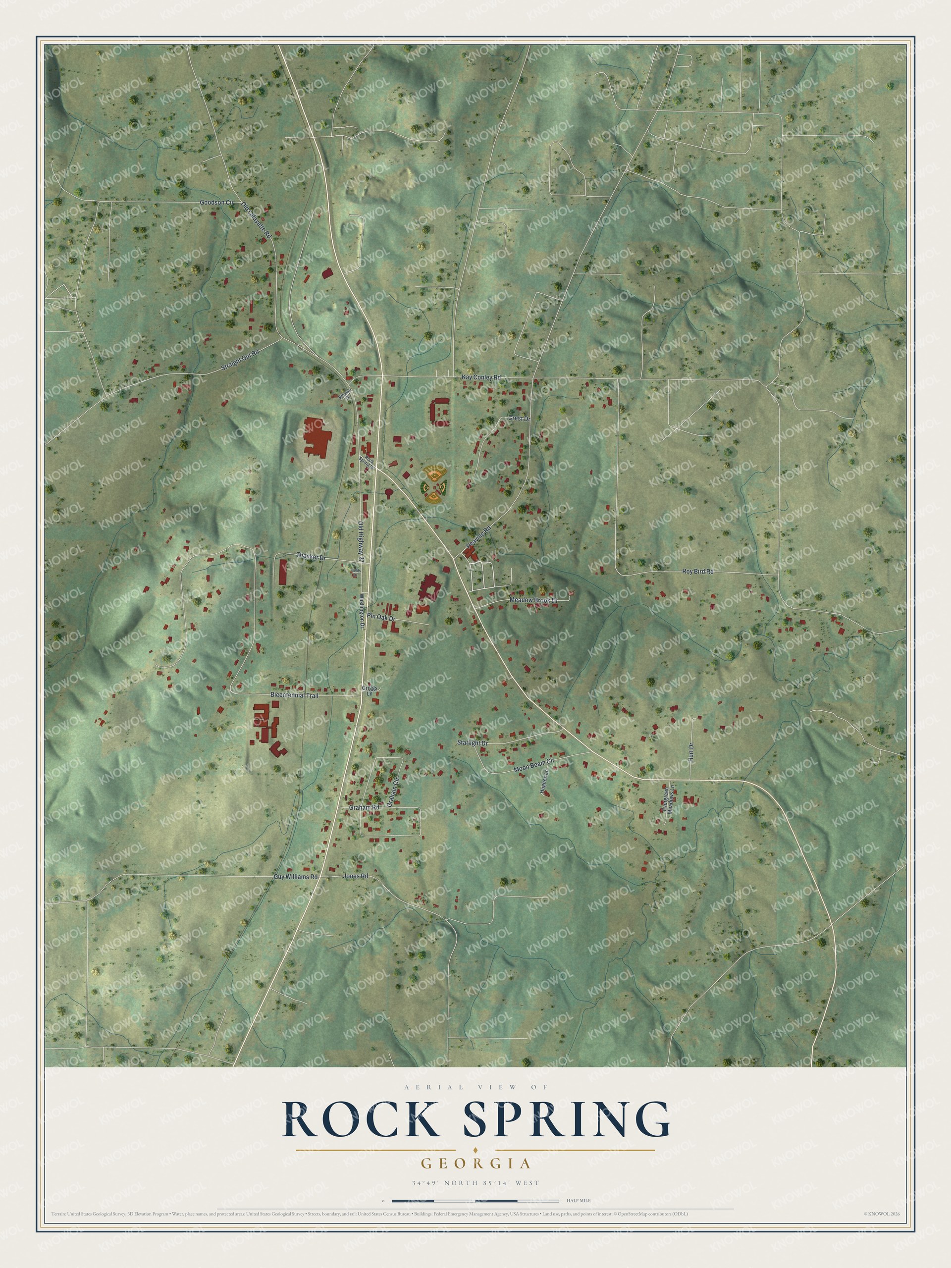 Full map of Rock Spring, Georgia, with red buildings, printed street names and the land around them