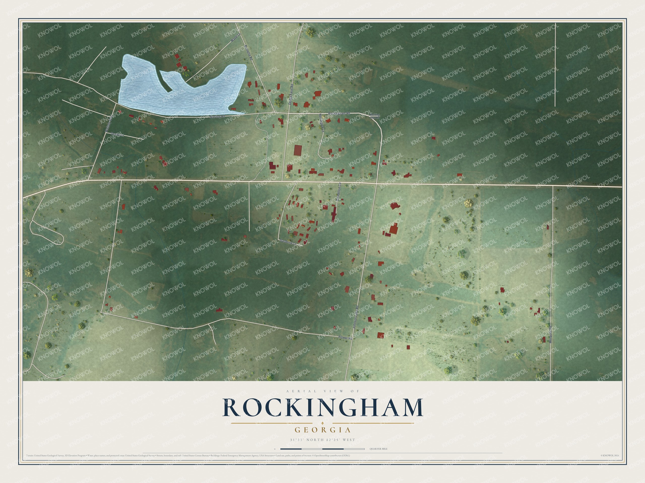 Full map of Rockingham, Georgia, with red buildings, printed street names and the land around them