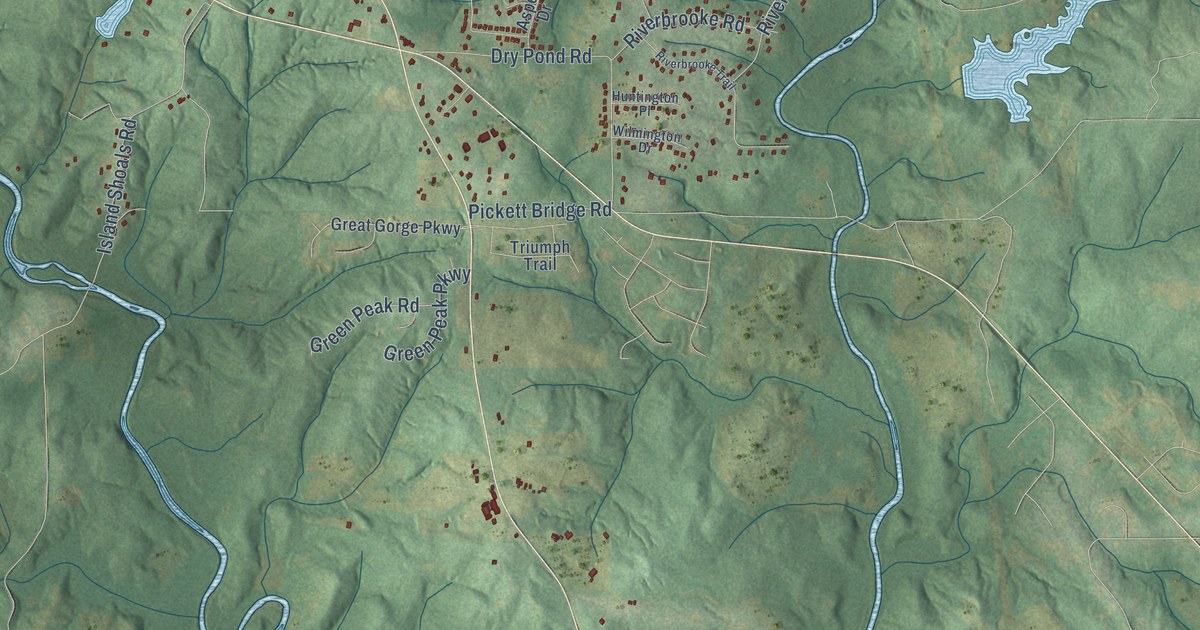 Close-up of streets and buildings in Rocky Plains, Georgia