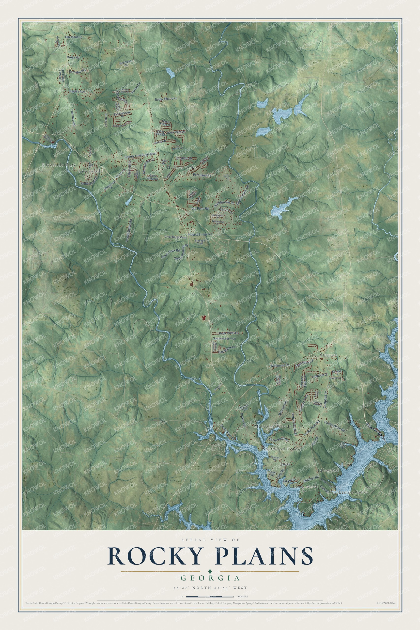 Full map of Rocky Plains, Georgia, with red buildings, printed street names and the land around them