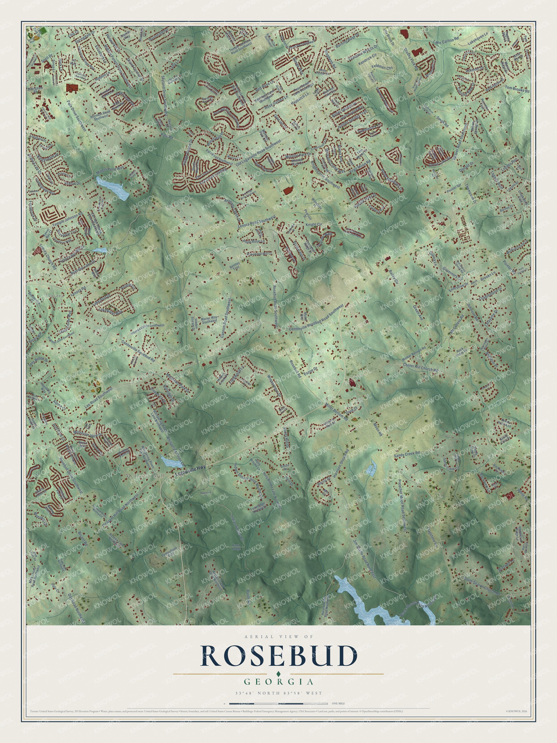 Full map of Rosebud, Georgia, with red buildings, printed street names and the land around them