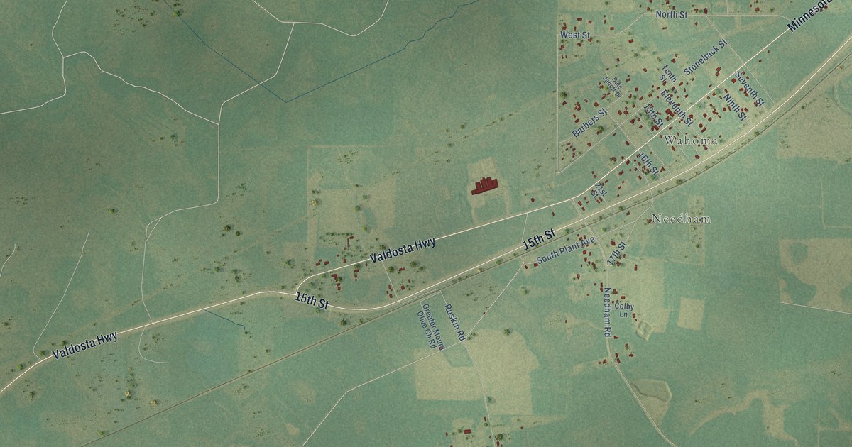 Close-up of streets and buildings in Ruskin, Georgia