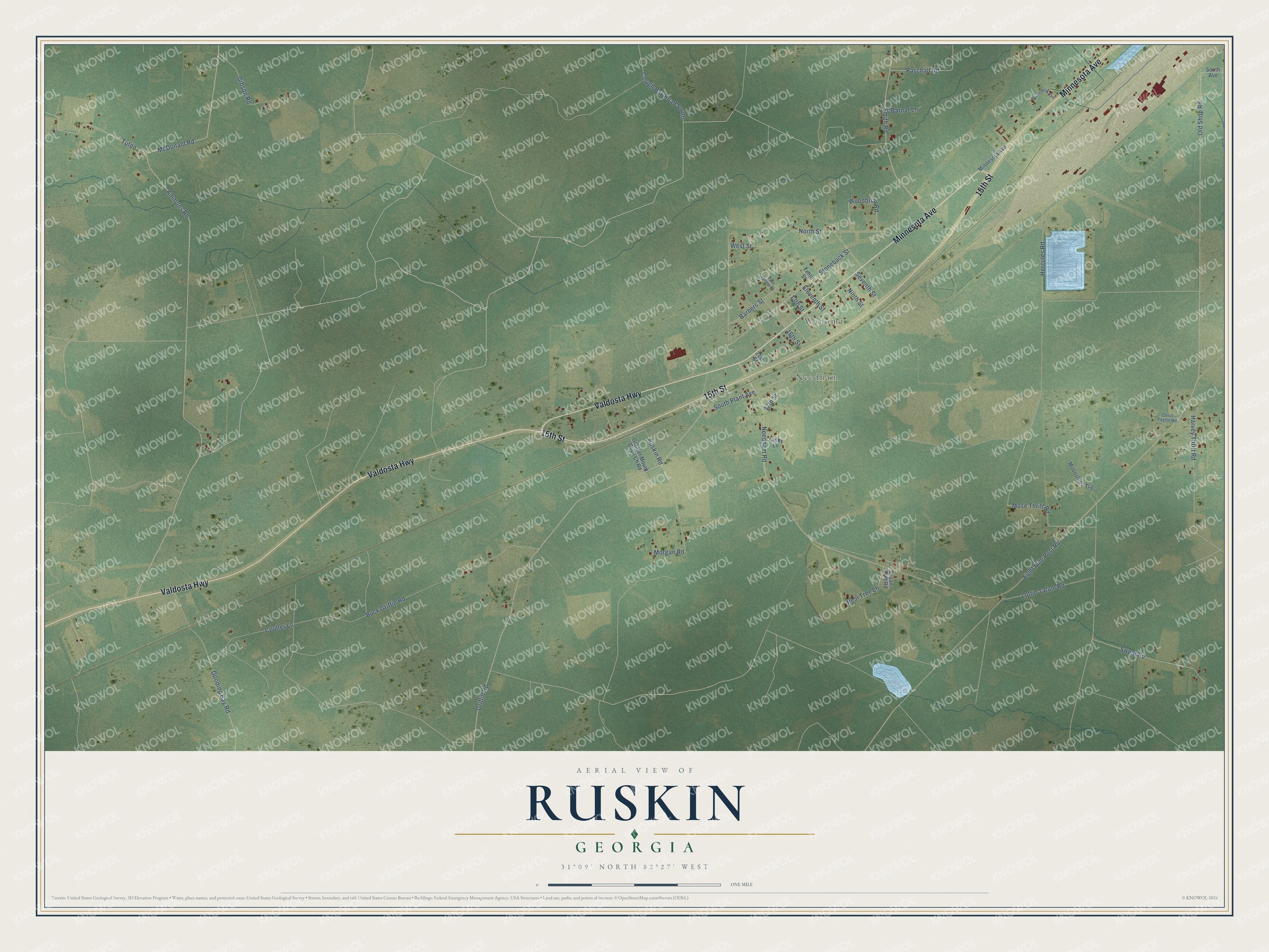 Full map of Ruskin, Georgia, with red buildings, printed street names and the land around them