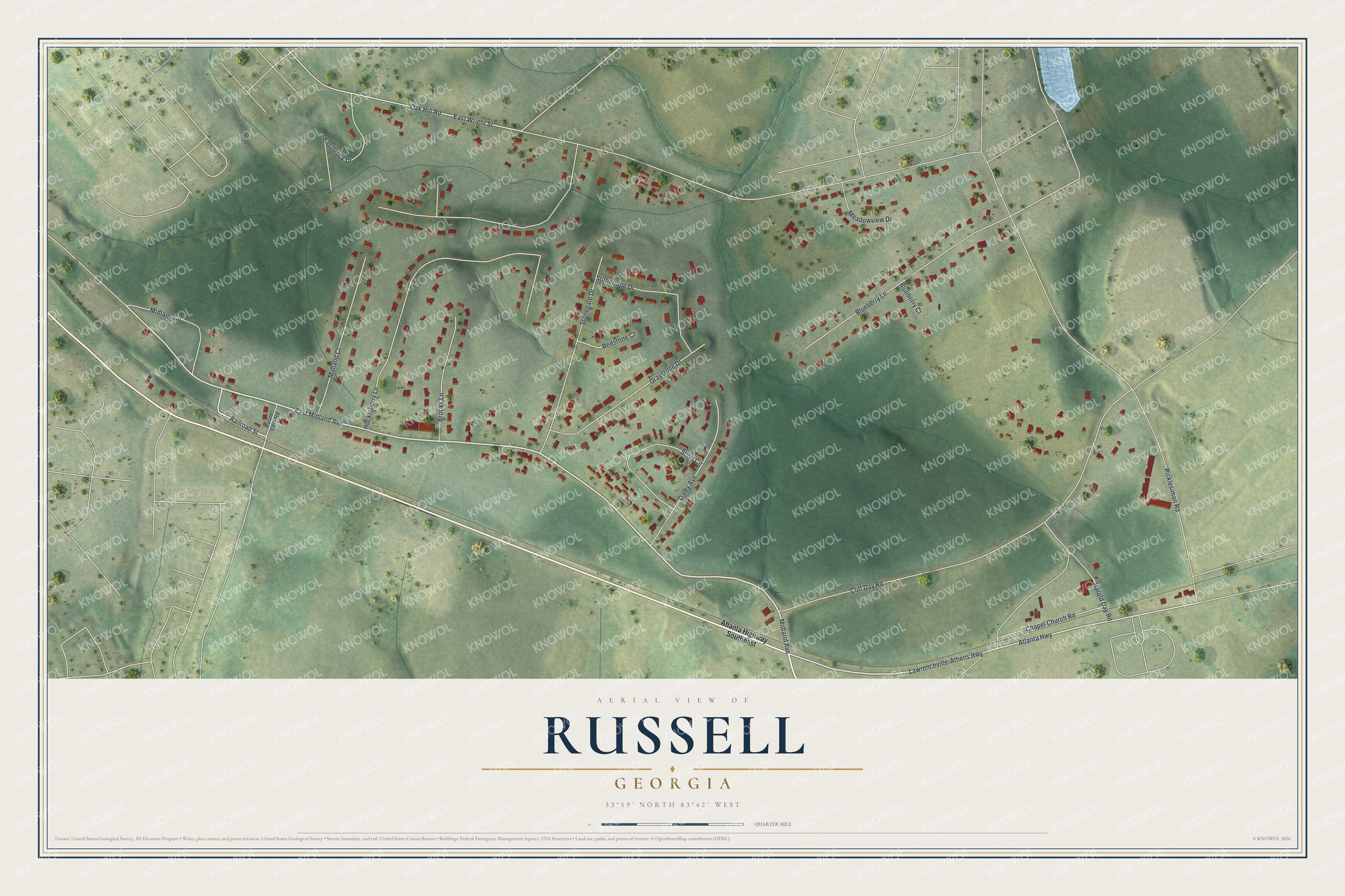 Full map of Russell, Georgia, with red buildings, printed street names and the land around them