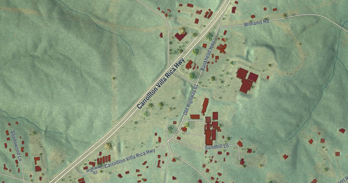 Close-up of streets and buildings in Sand Hill, Georgia