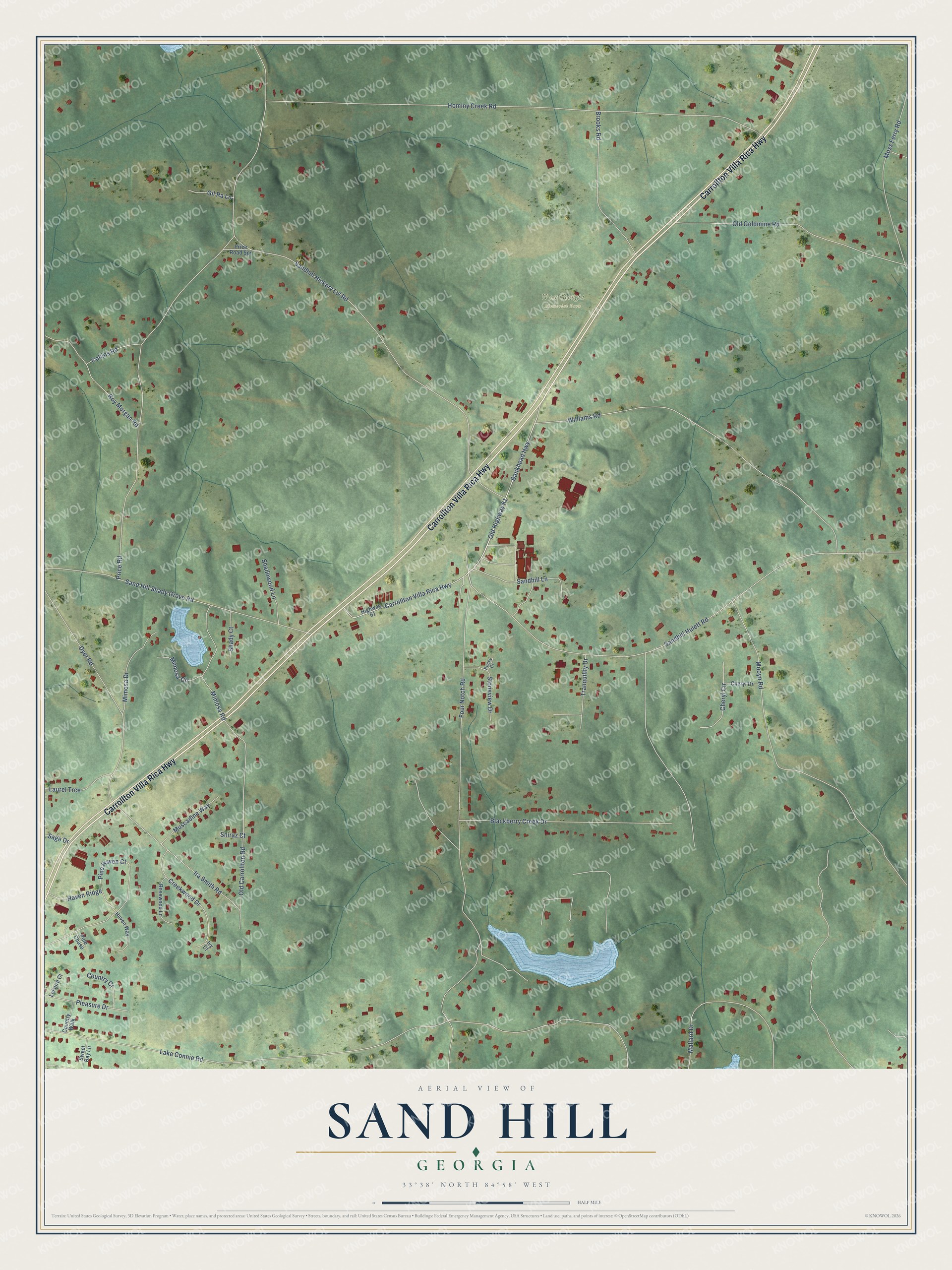 Full map of Sand Hill, Georgia, with red buildings, printed street names and the land around them