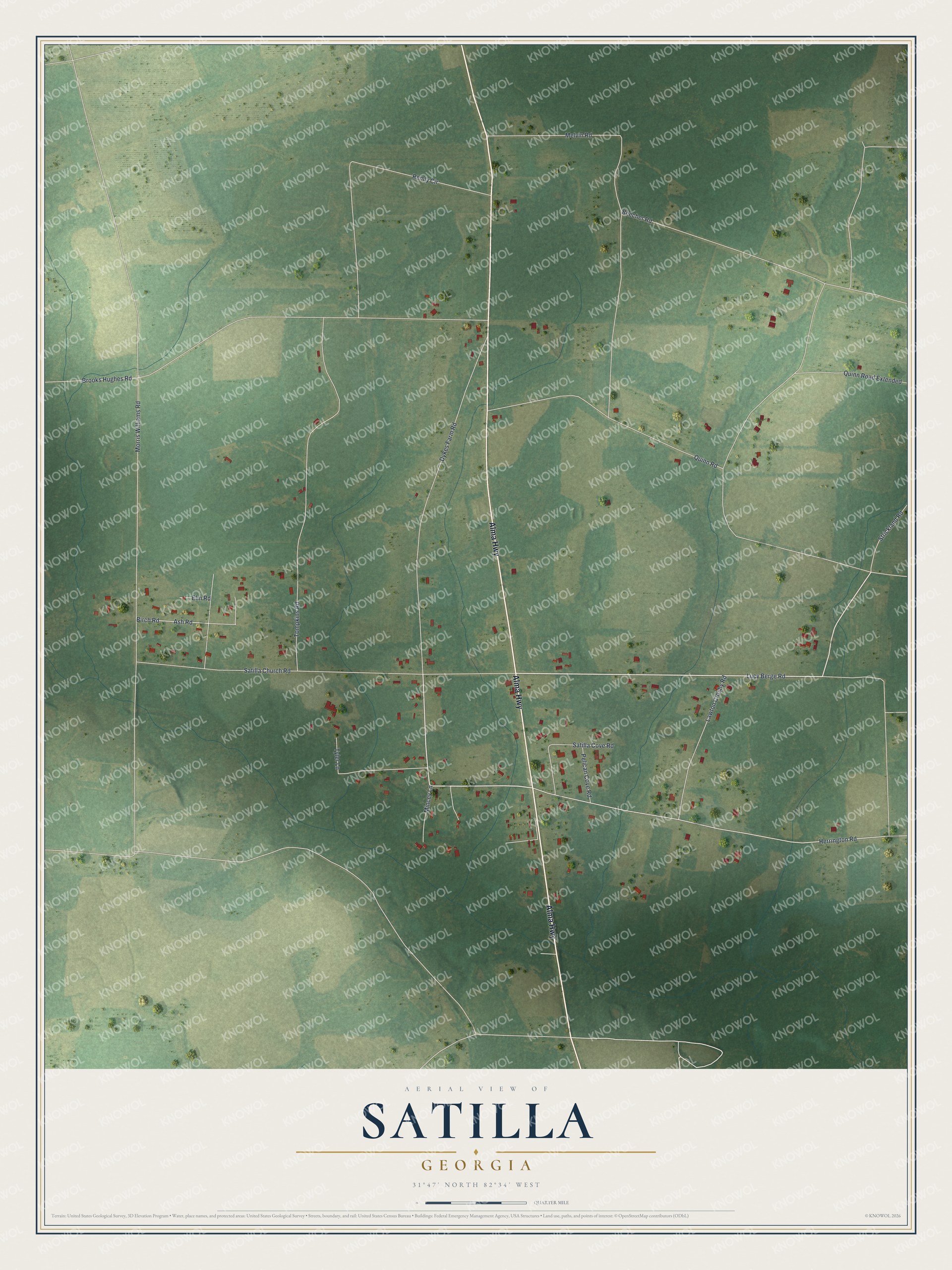 Full map of Satilla, Georgia, with red buildings, printed street names and the land around them