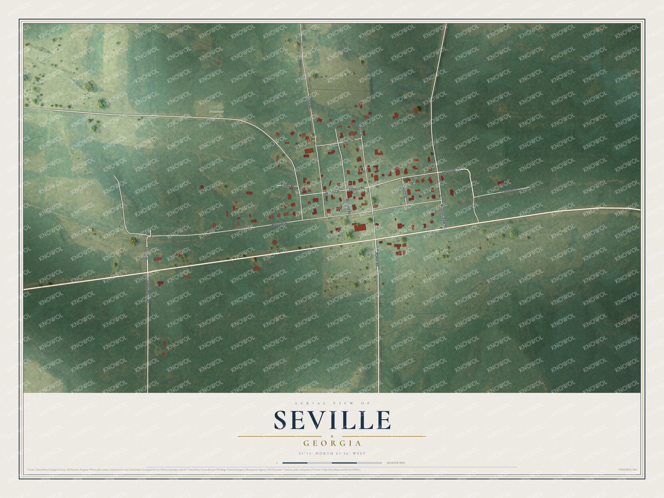 Full map of Seville, Georgia, with red buildings, printed street names and the land around them