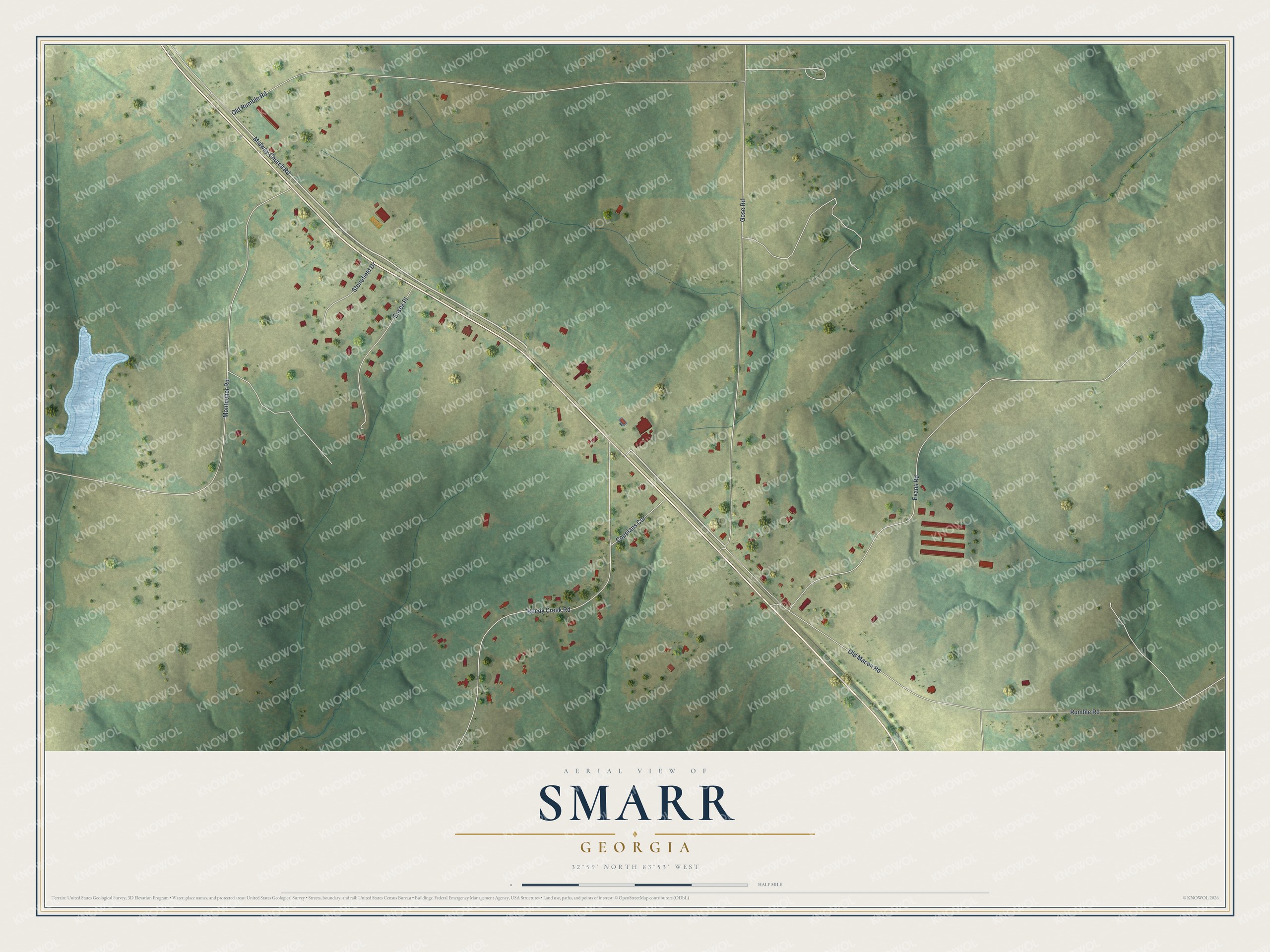 Full map of Smarr, Georgia, with red buildings, printed street names and the land around them