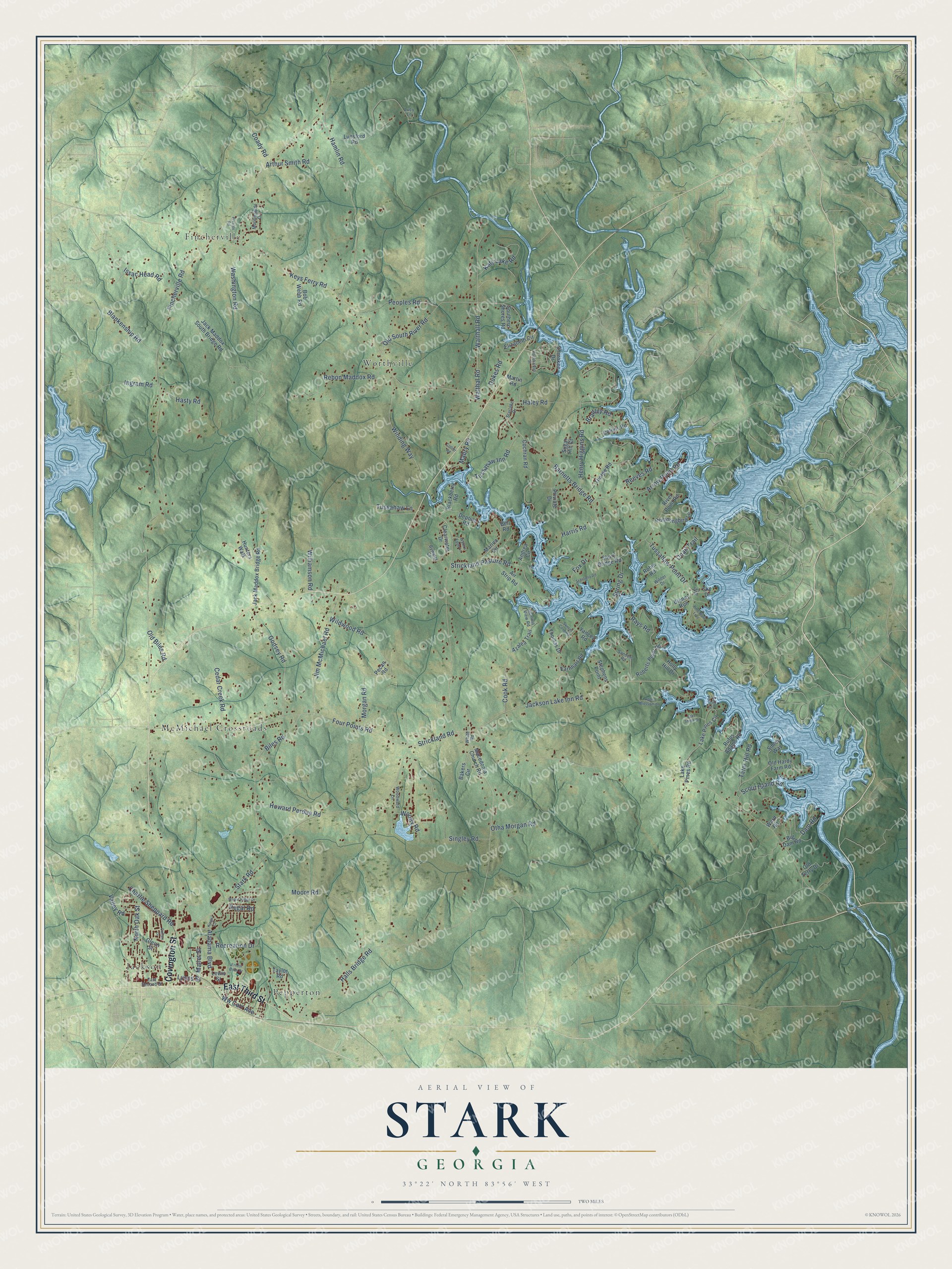 Full map of Stark, Georgia, with red buildings, printed street names and the land around them