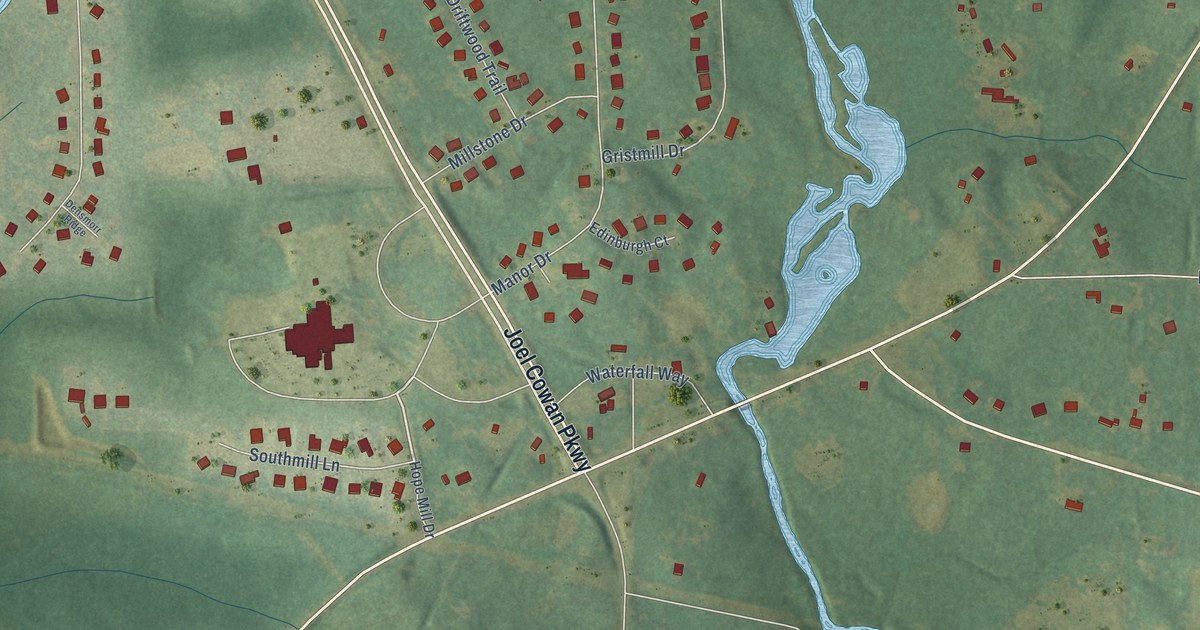 Close-up of streets and buildings in Starrs Mill, Georgia