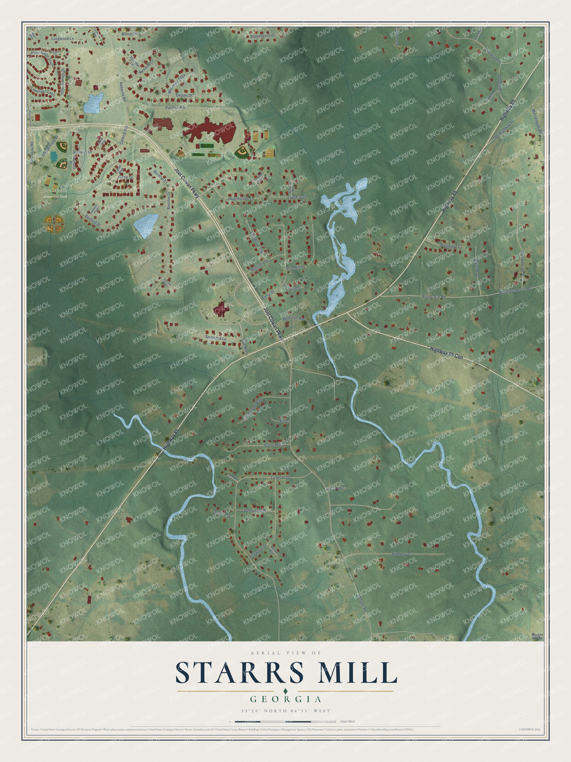 Full map of Starrs Mill, Georgia, with red buildings, printed street names and the land around them