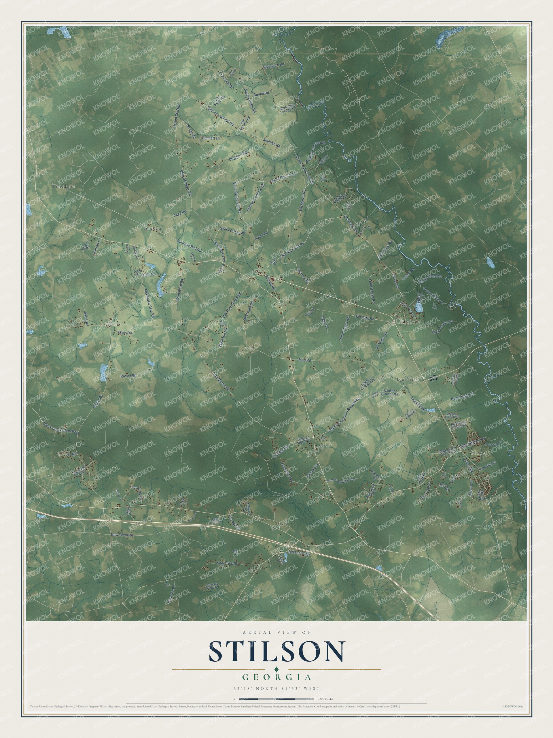 Full map of Stilson, Georgia, with red buildings, printed street names and the land around them