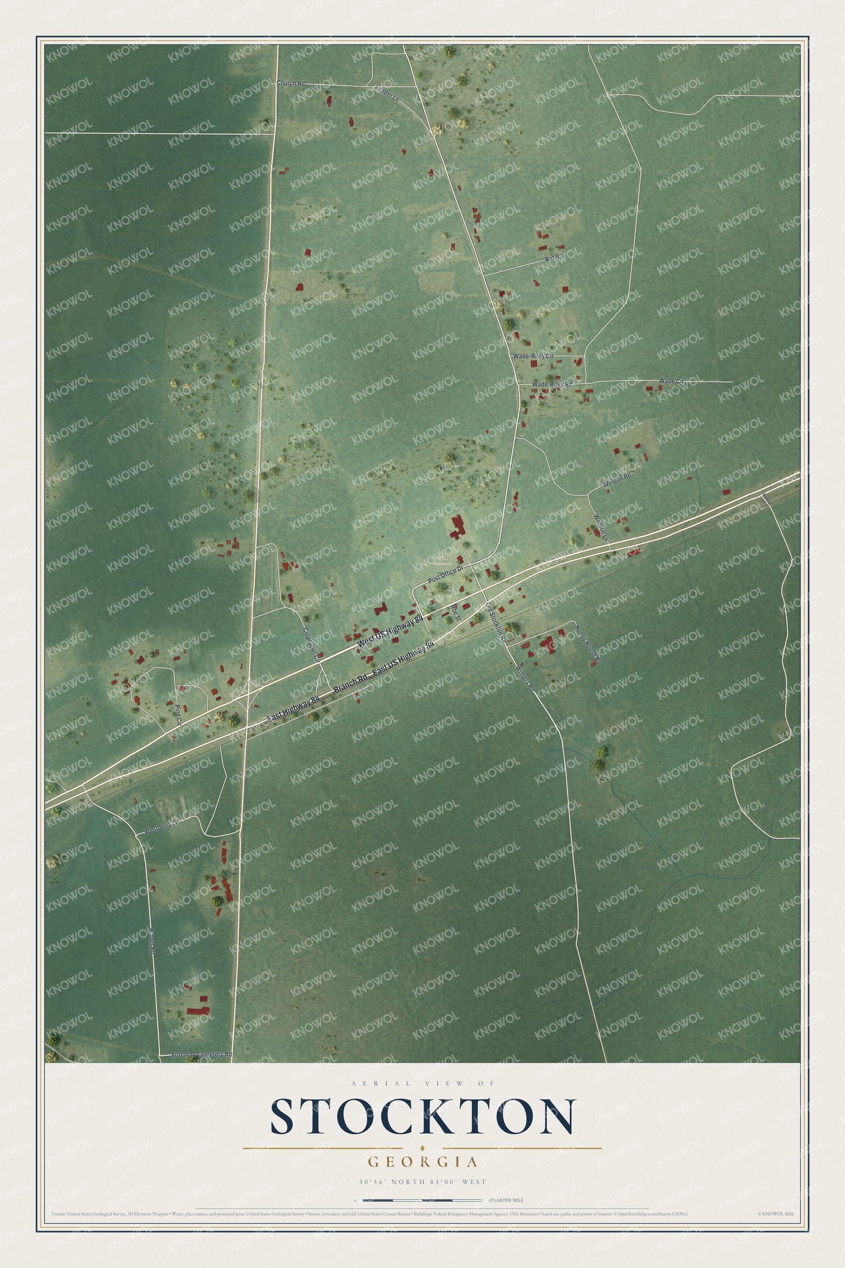 Full map of Stockton, Georgia, with red buildings, printed street names and the land around them