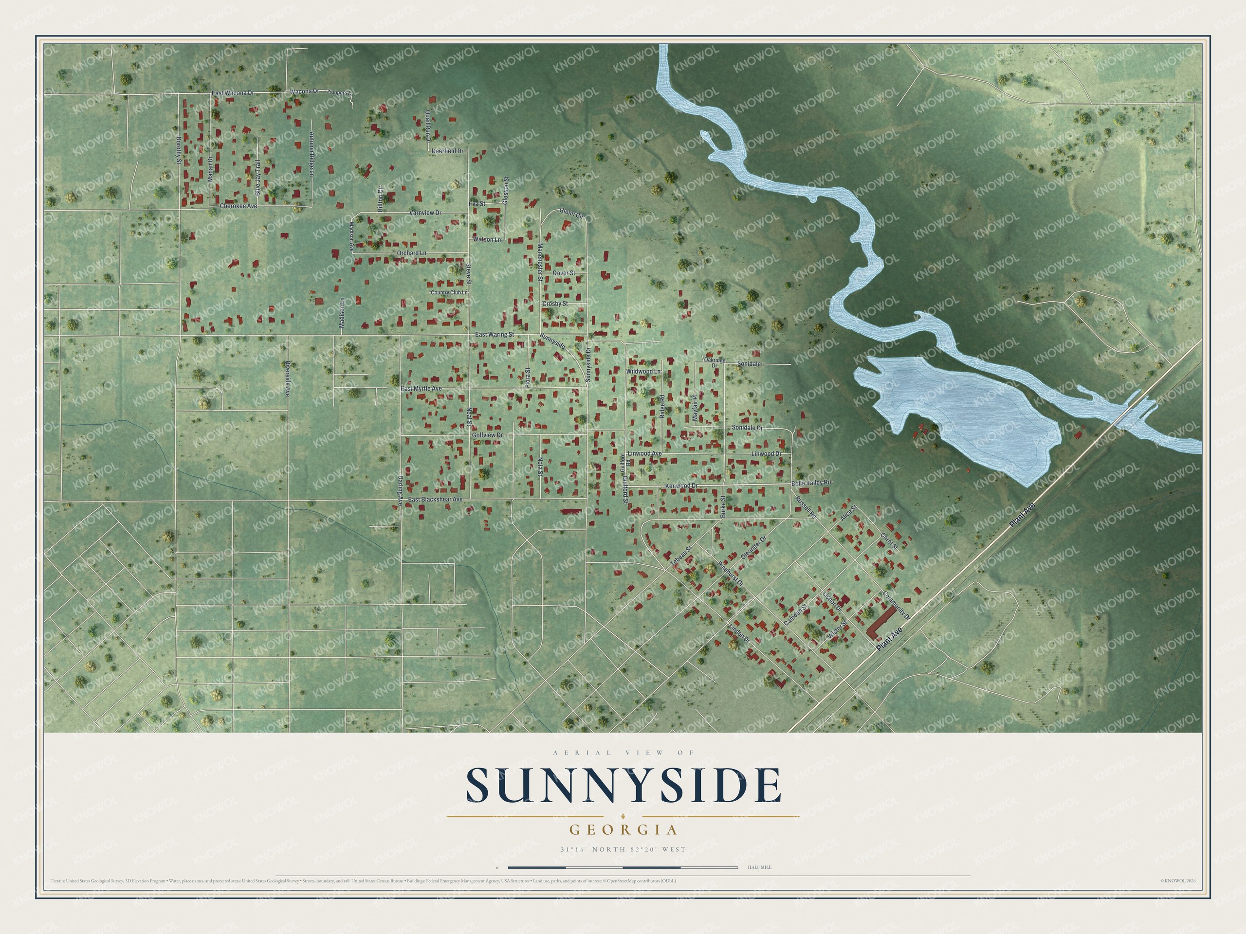 Full map of Sunnyside, Georgia, with red buildings, printed street names and the land around them