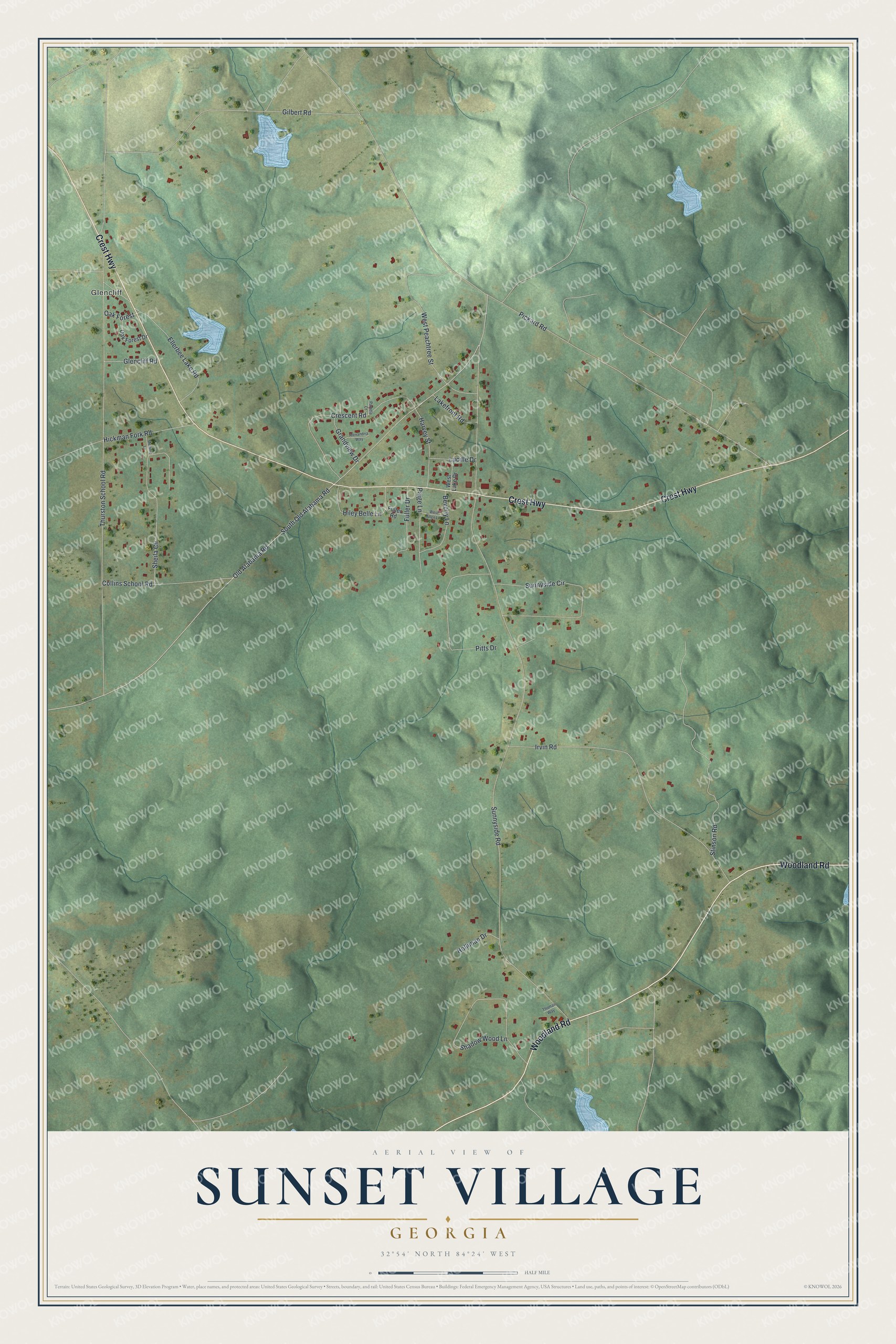 Full map of Sunset Village, Georgia, with red buildings, printed street names and the land around them