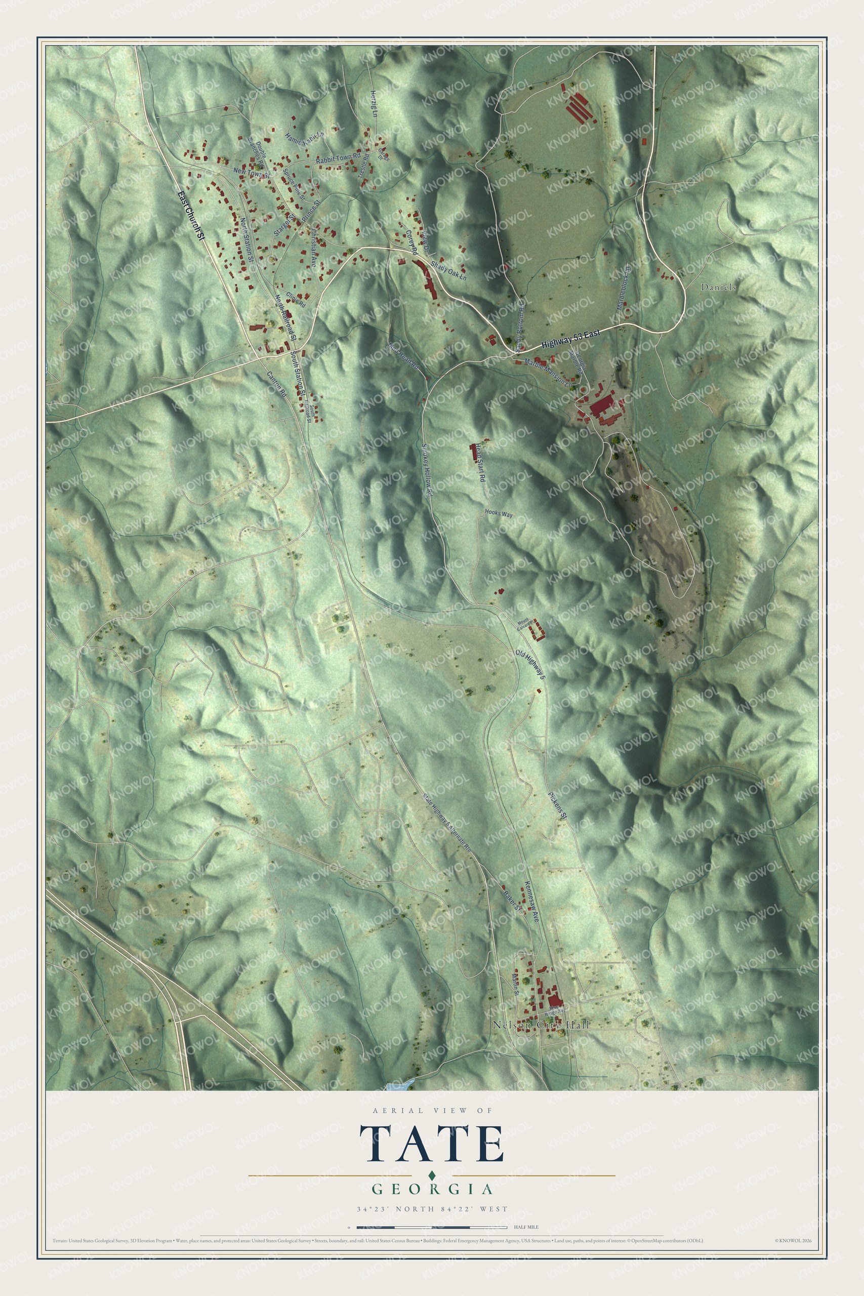 Full map of Tate, Georgia, with red buildings, printed street names and the land around them
