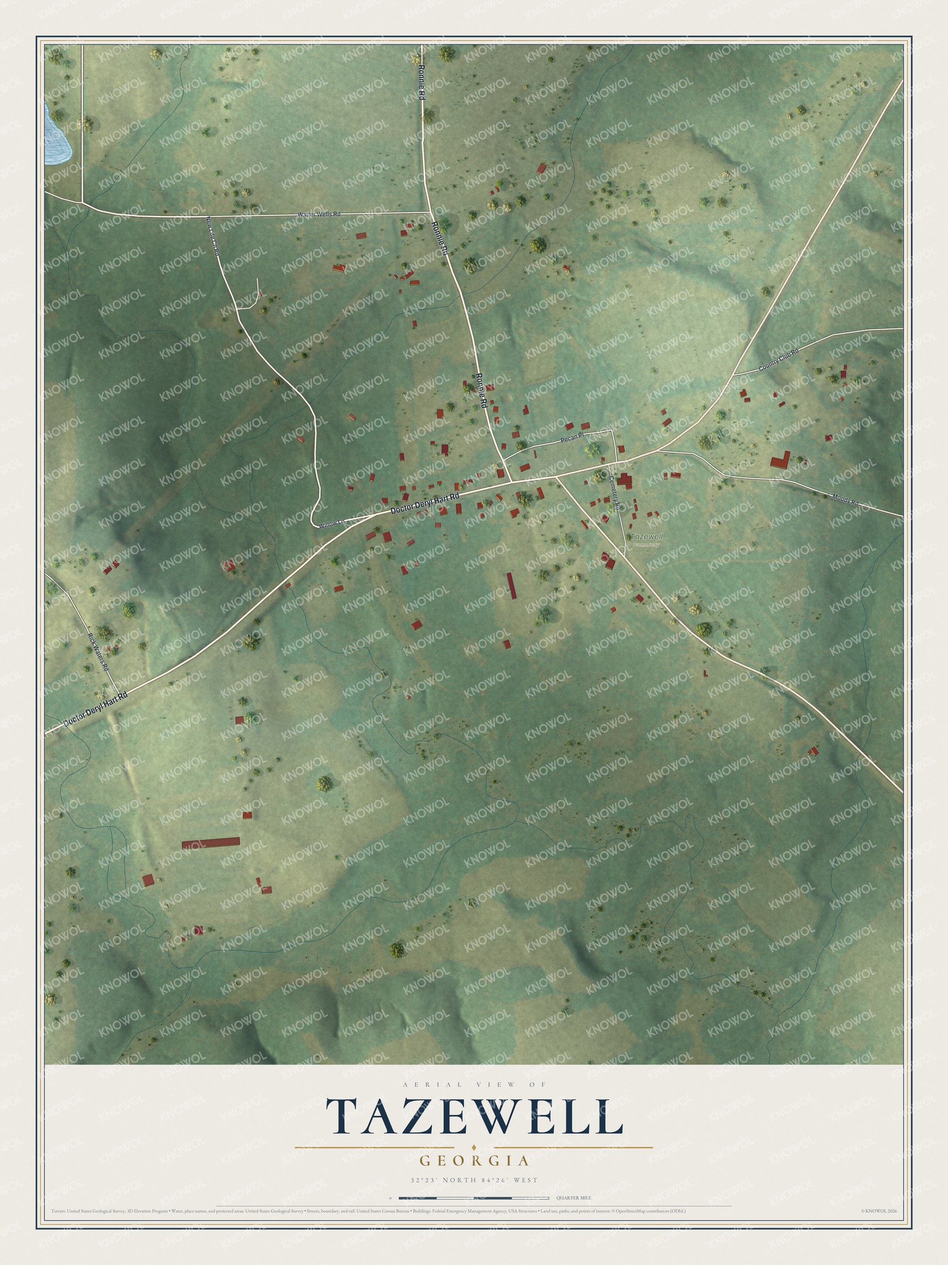 Full map of Tazewell, Georgia, with red buildings, printed street names and the land around them