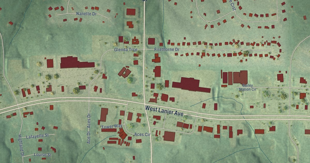 Close-up of streets and buildings in Thomas Crossroads, Georgia