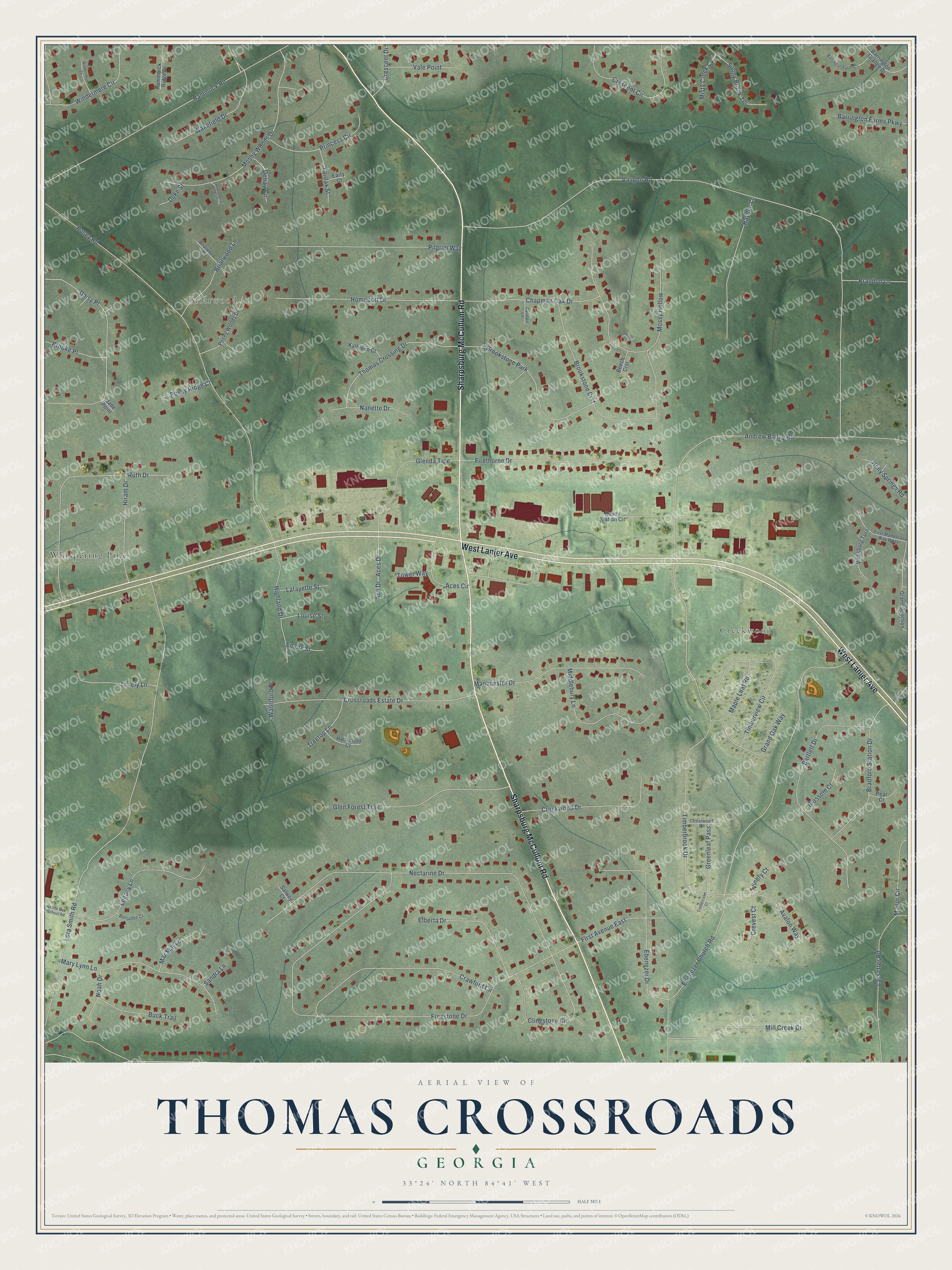 Full map of Thomas Crossroads, Georgia, with red buildings, printed street names and the land around them