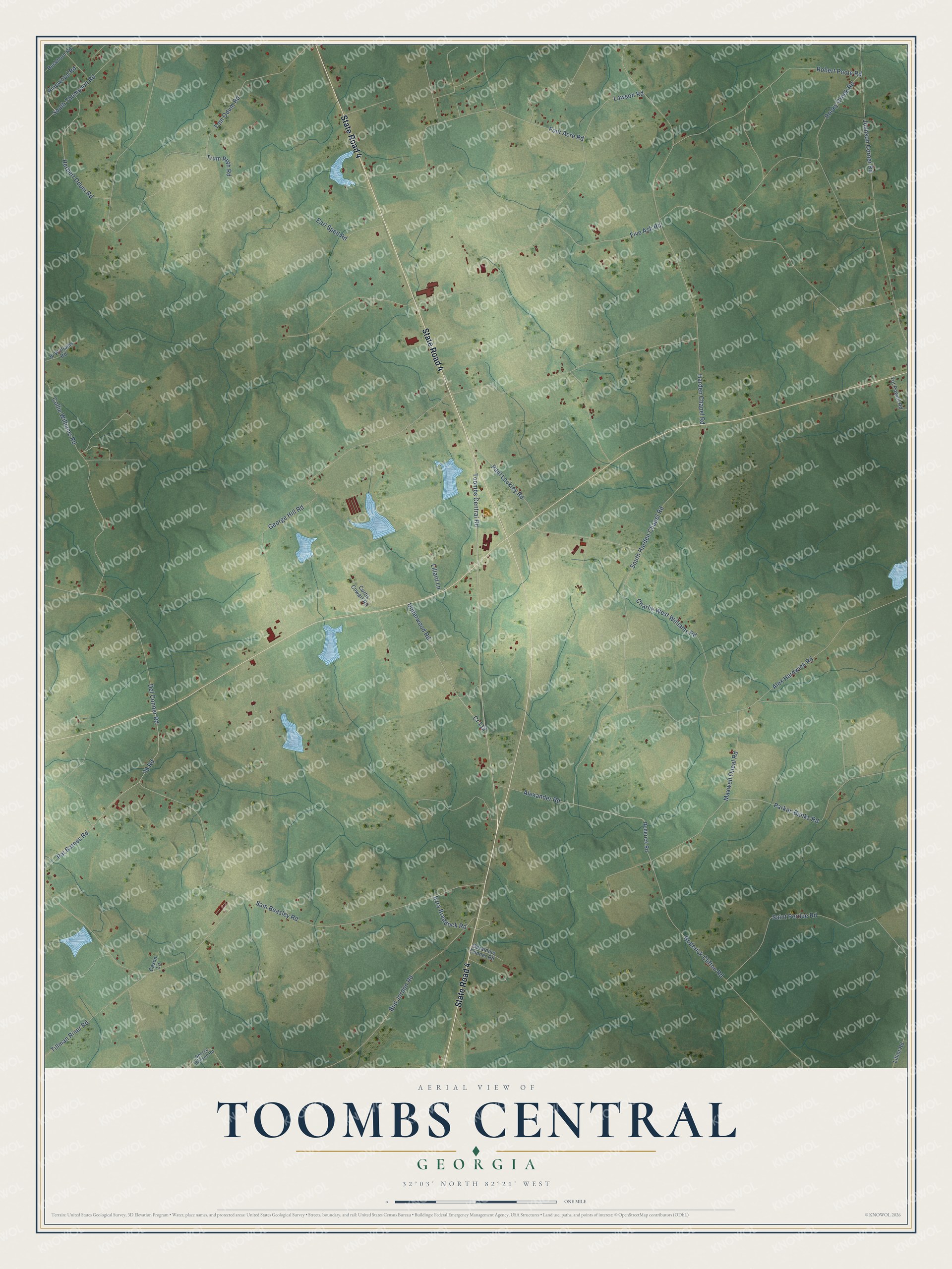 Full map of Toombs Central, Georgia, with red buildings, printed street names and the land around them