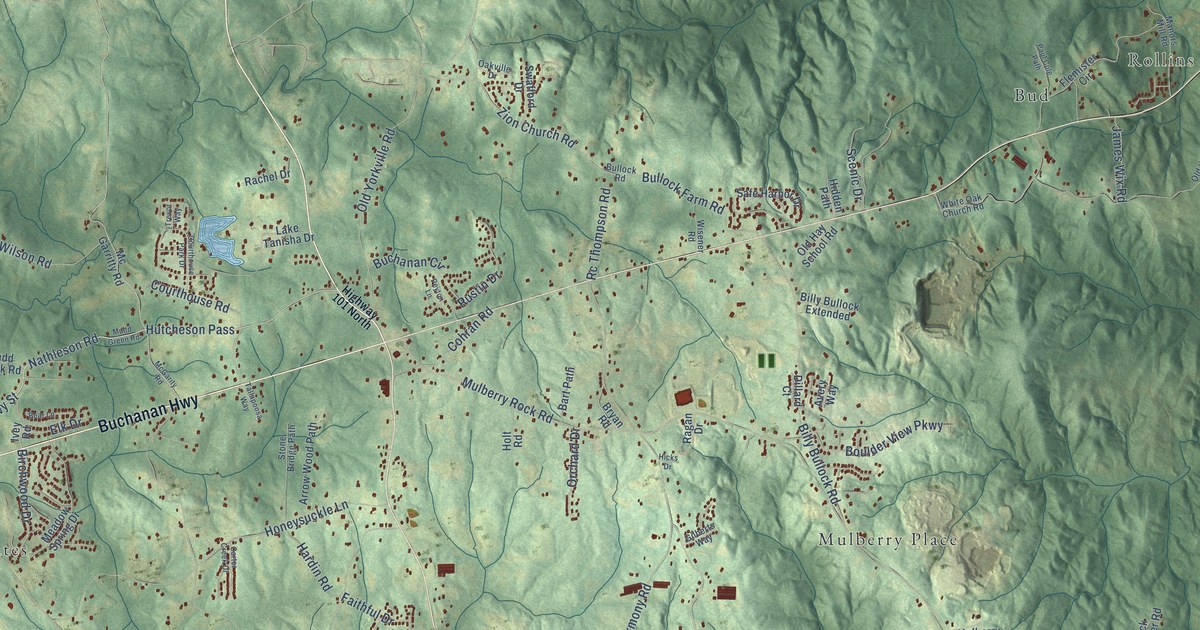 Close-up of streets and buildings in Union, Georgia