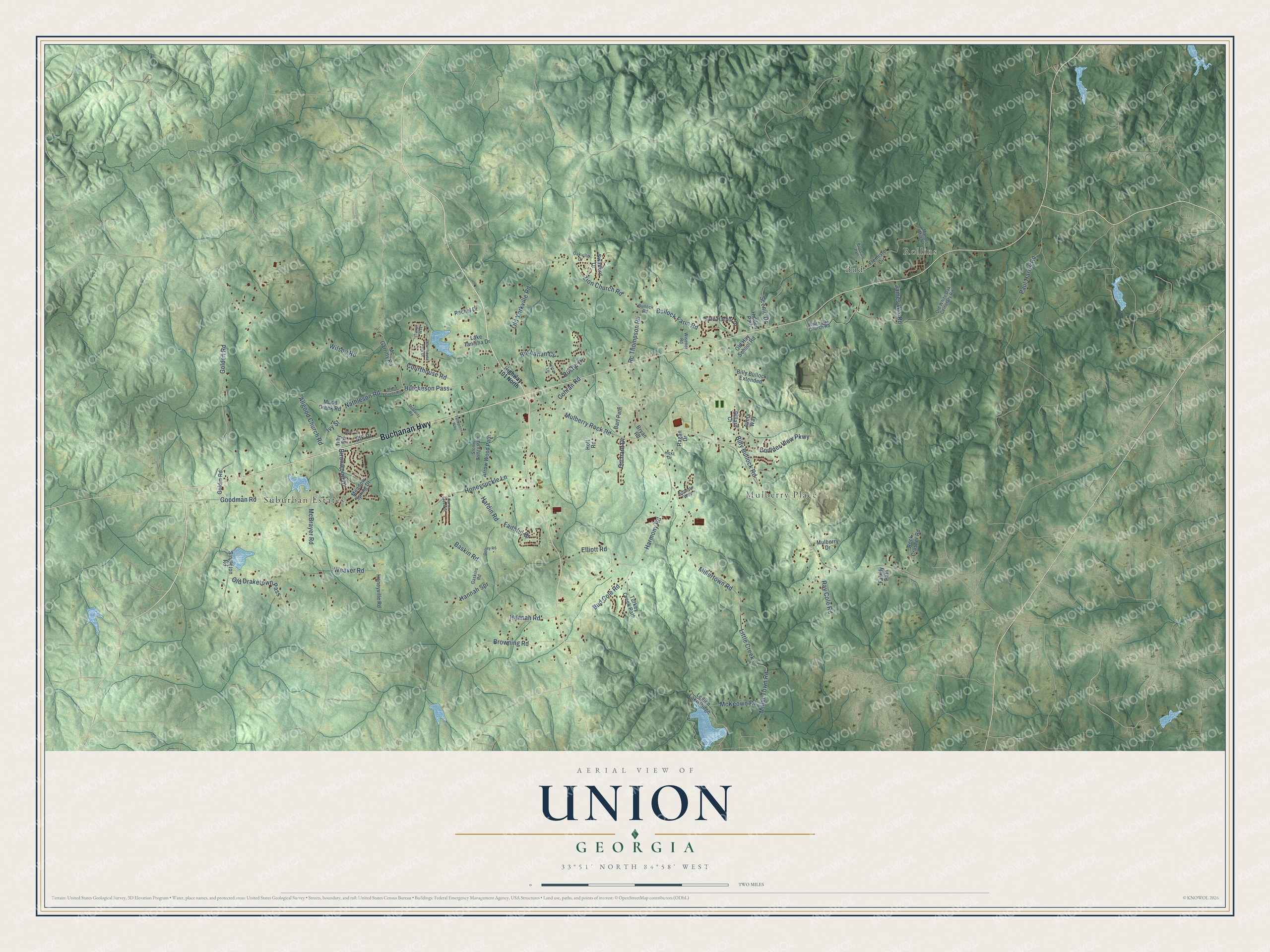 Full map of Union, Georgia, with red buildings, printed street names and the land around them