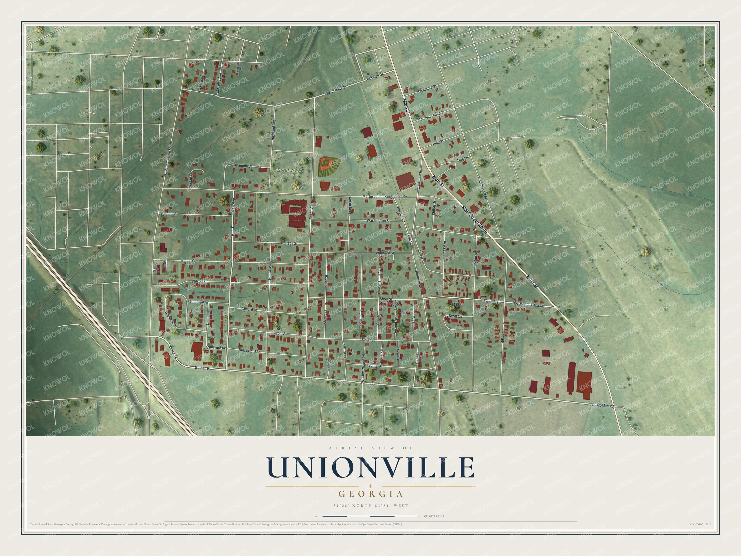 Full map of Unionville, Georgia, with red buildings, printed street names and the land around them