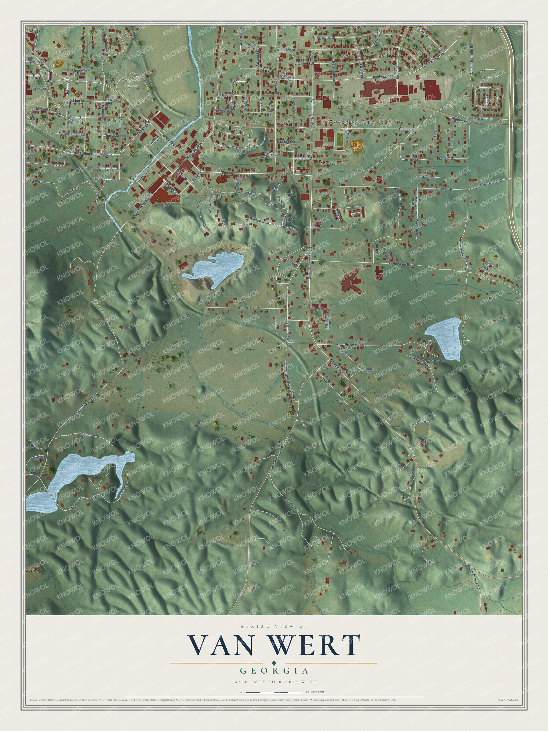 Full map of Van Wert, Georgia, with red buildings, printed street names and the land around them