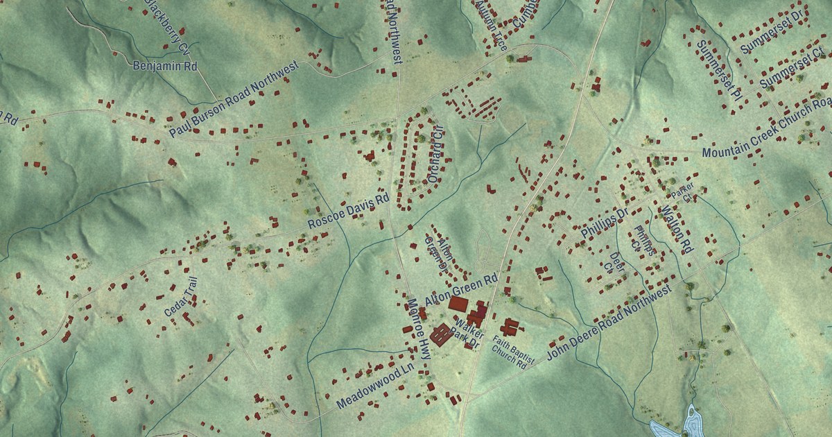Close-up of streets and buildings in Walker Park, Georgia