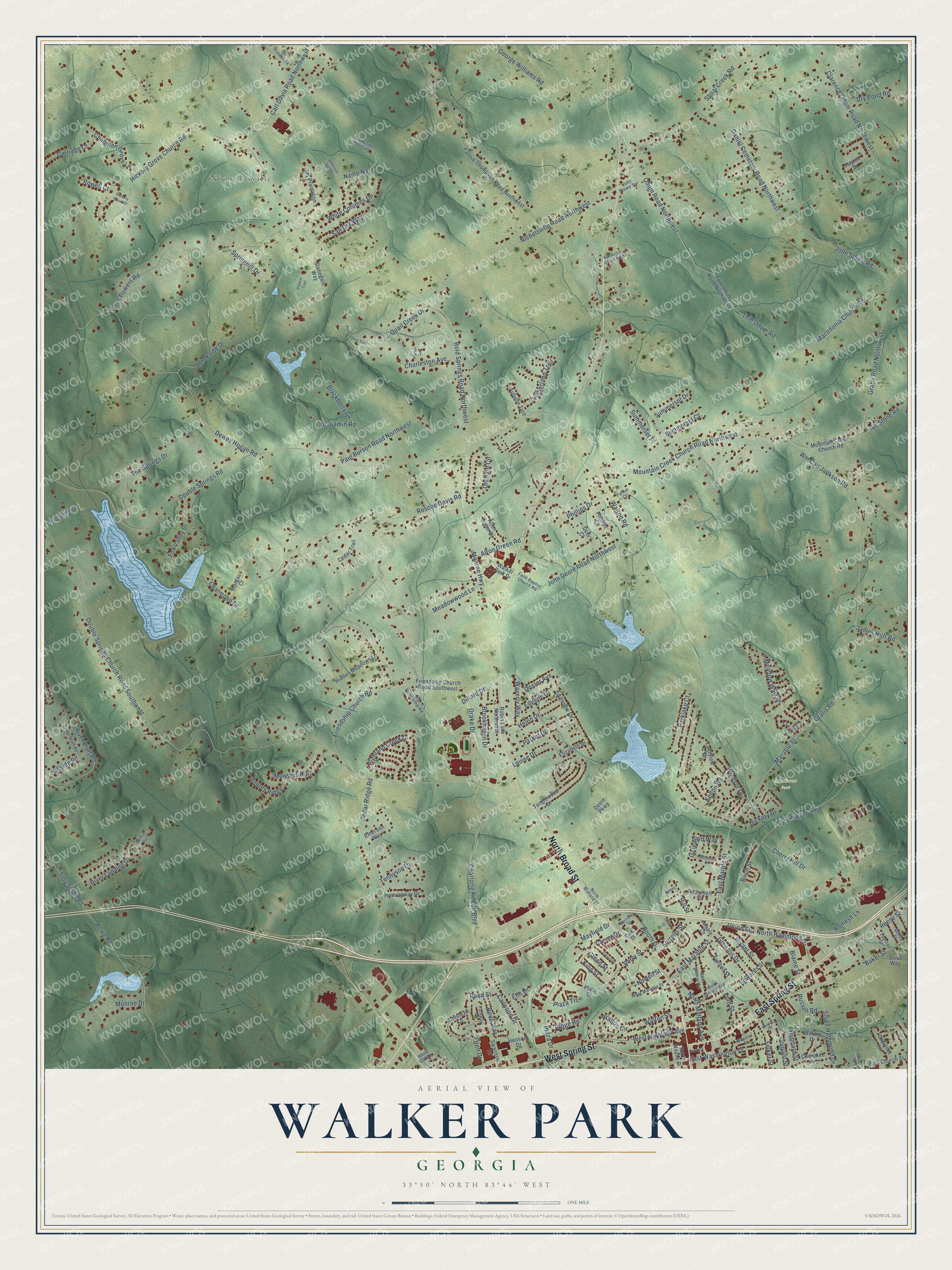 Full map of Walker Park, Georgia, with red buildings, printed street names and the land around them