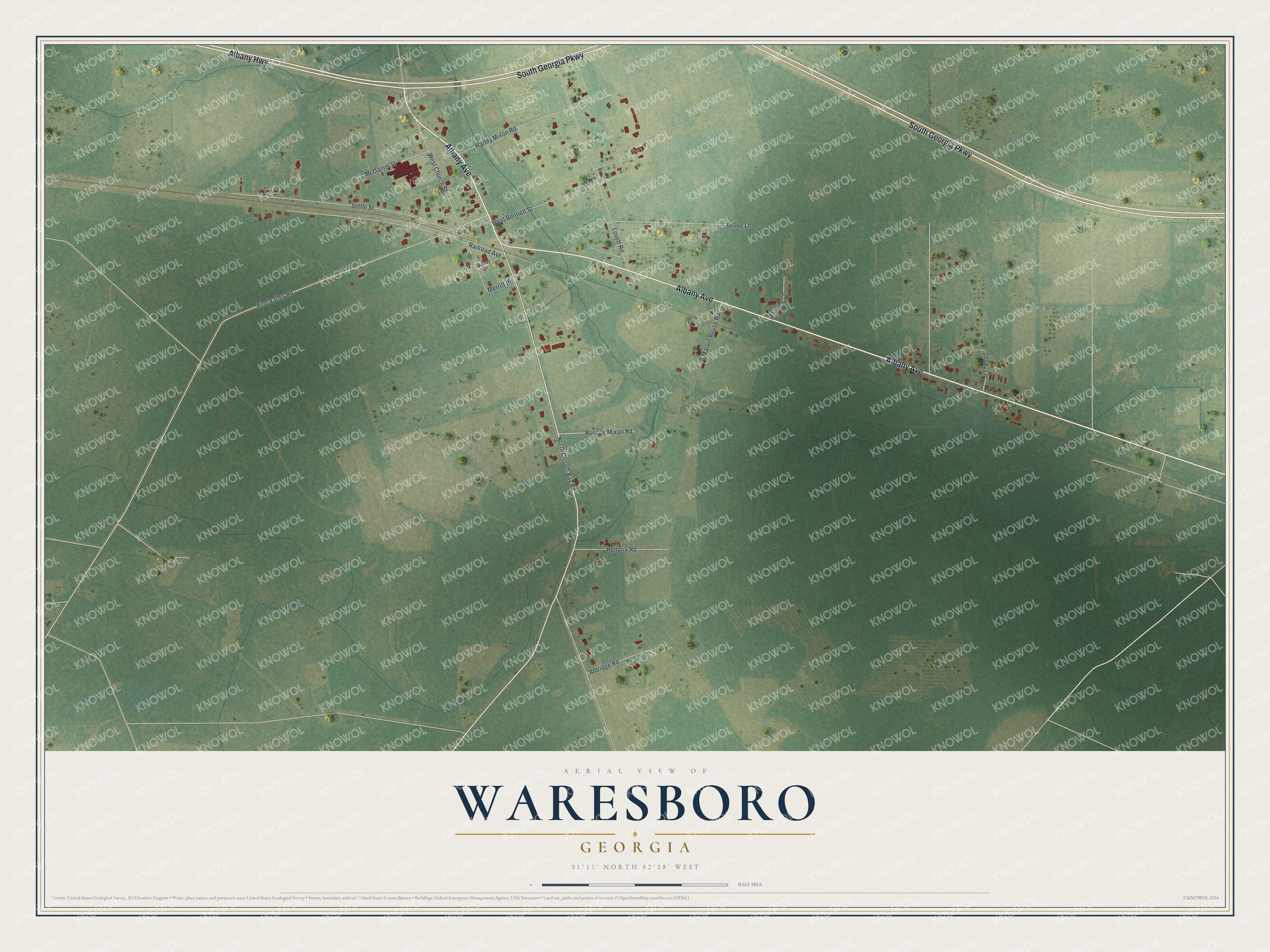 Full map of Waresboro, Georgia, with red buildings, printed street names and the land around them