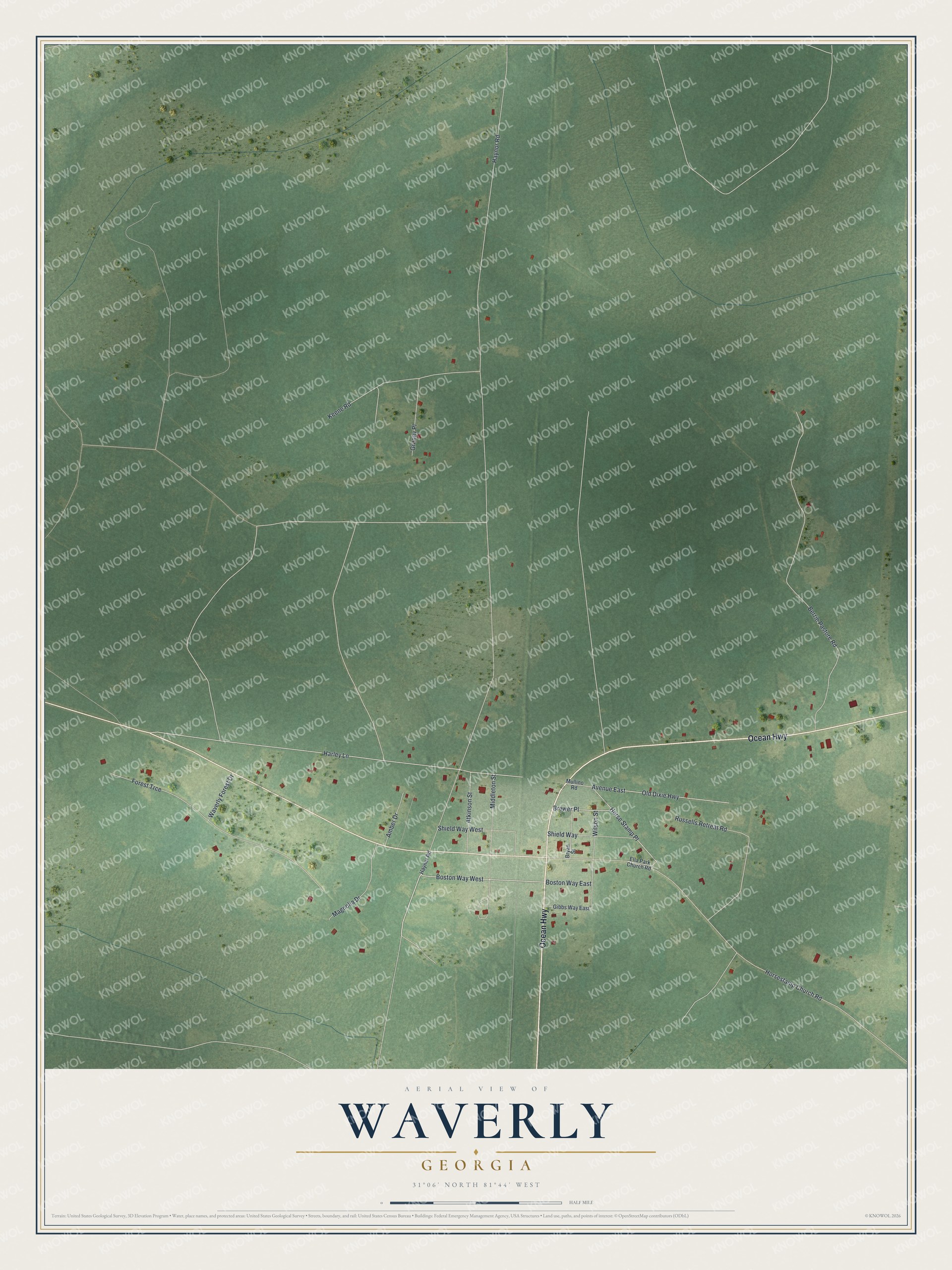 Full map of Waverly, Georgia, with red buildings, printed street names and the land around them
