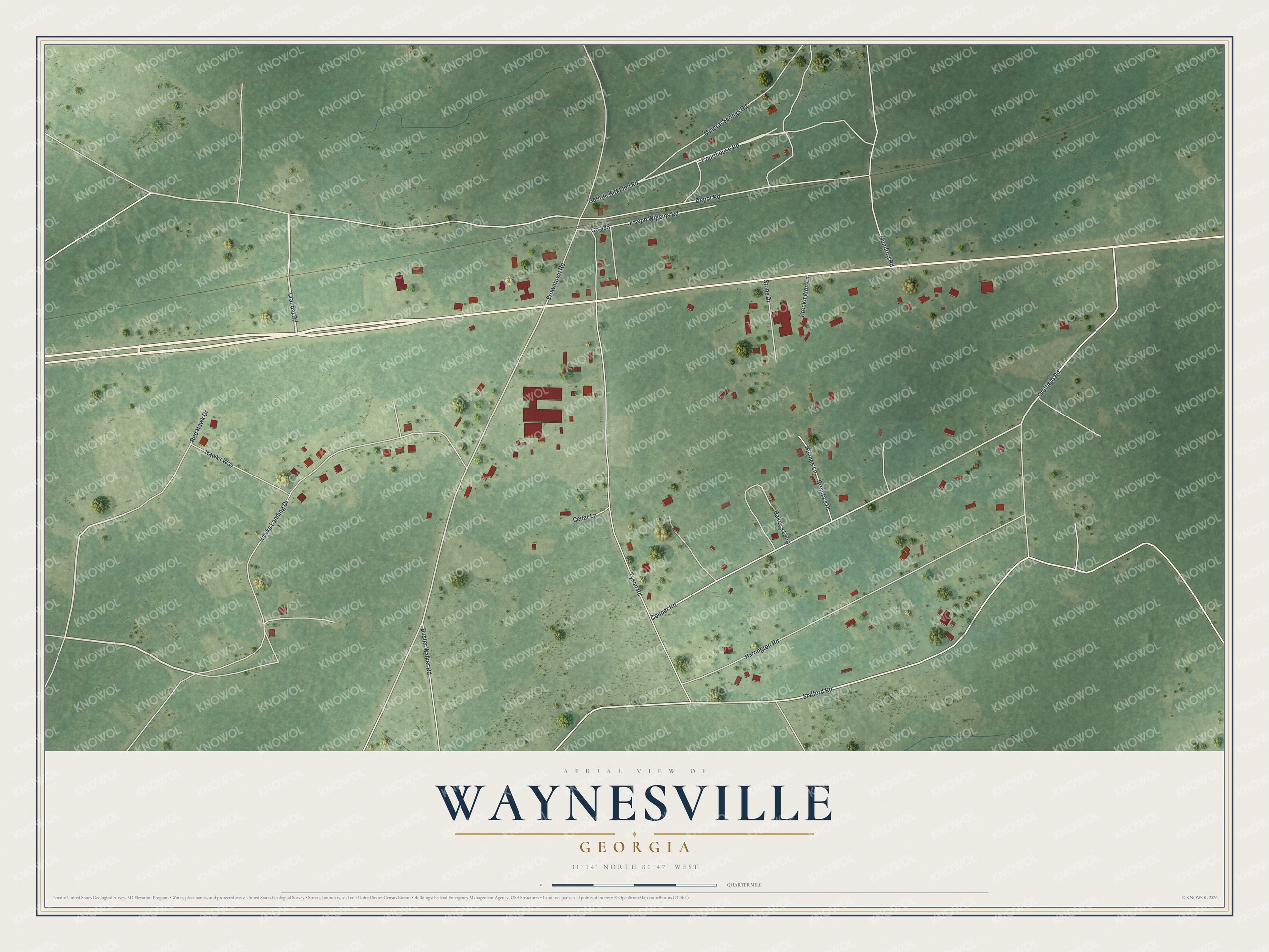 Full map of Waynesville, Georgia, with red buildings, printed street names and the land around them