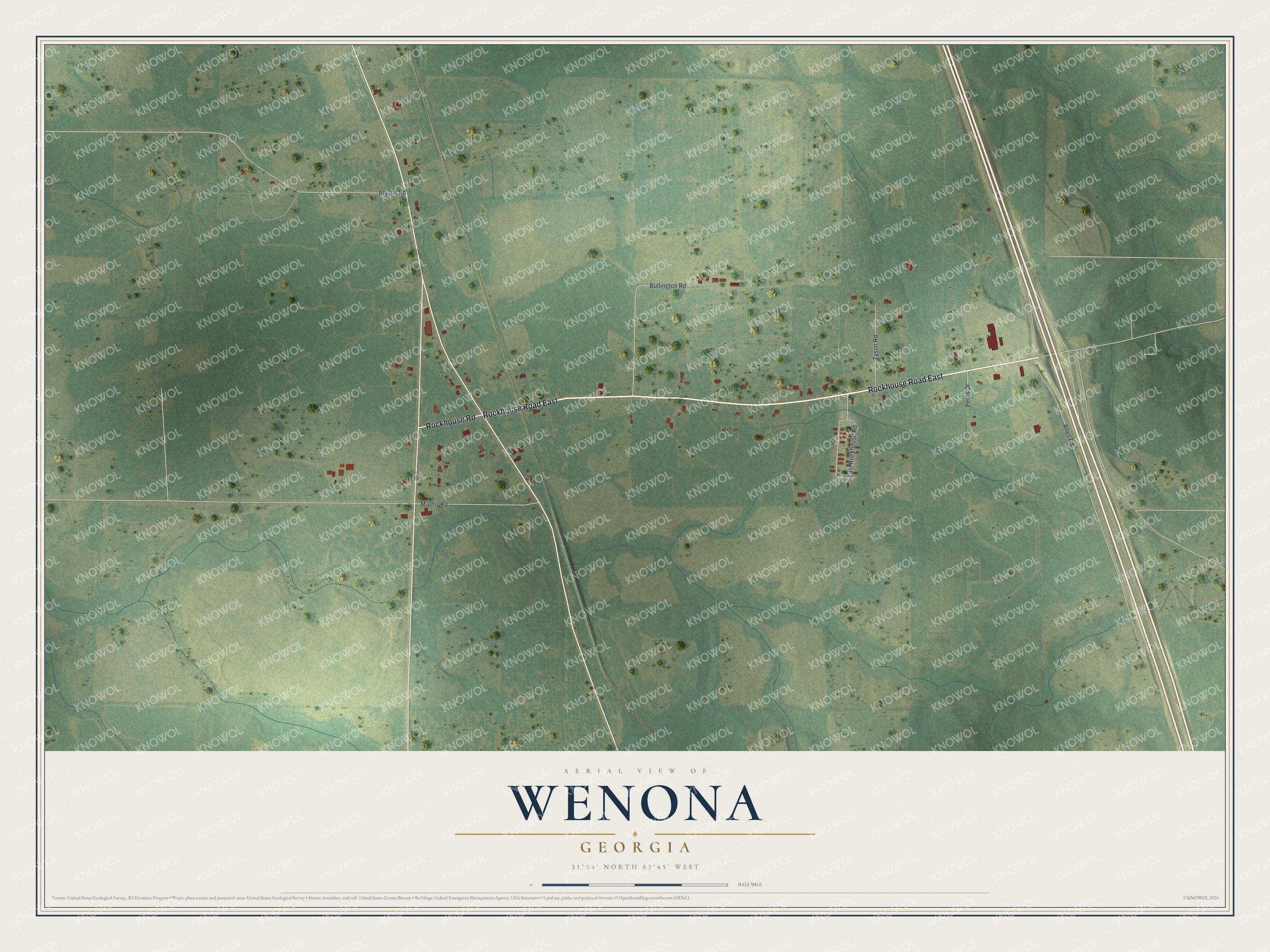 Full map of Wenona, Georgia, with red buildings, printed street names and the land around them