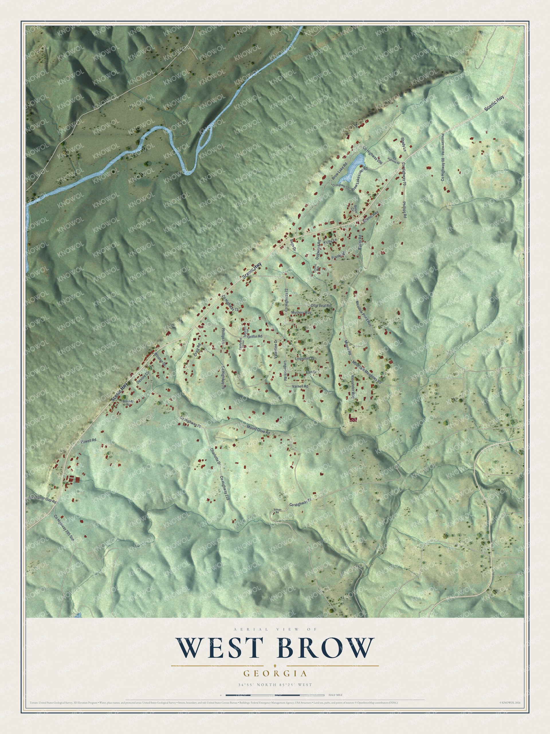 Full map of West Brow, Georgia, with red buildings, printed street names and the land around them