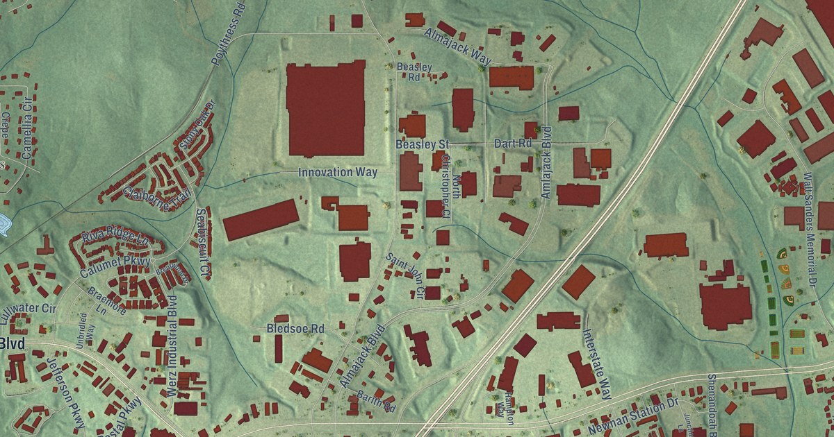 Close-up of streets and buildings in White Oak, Georgia