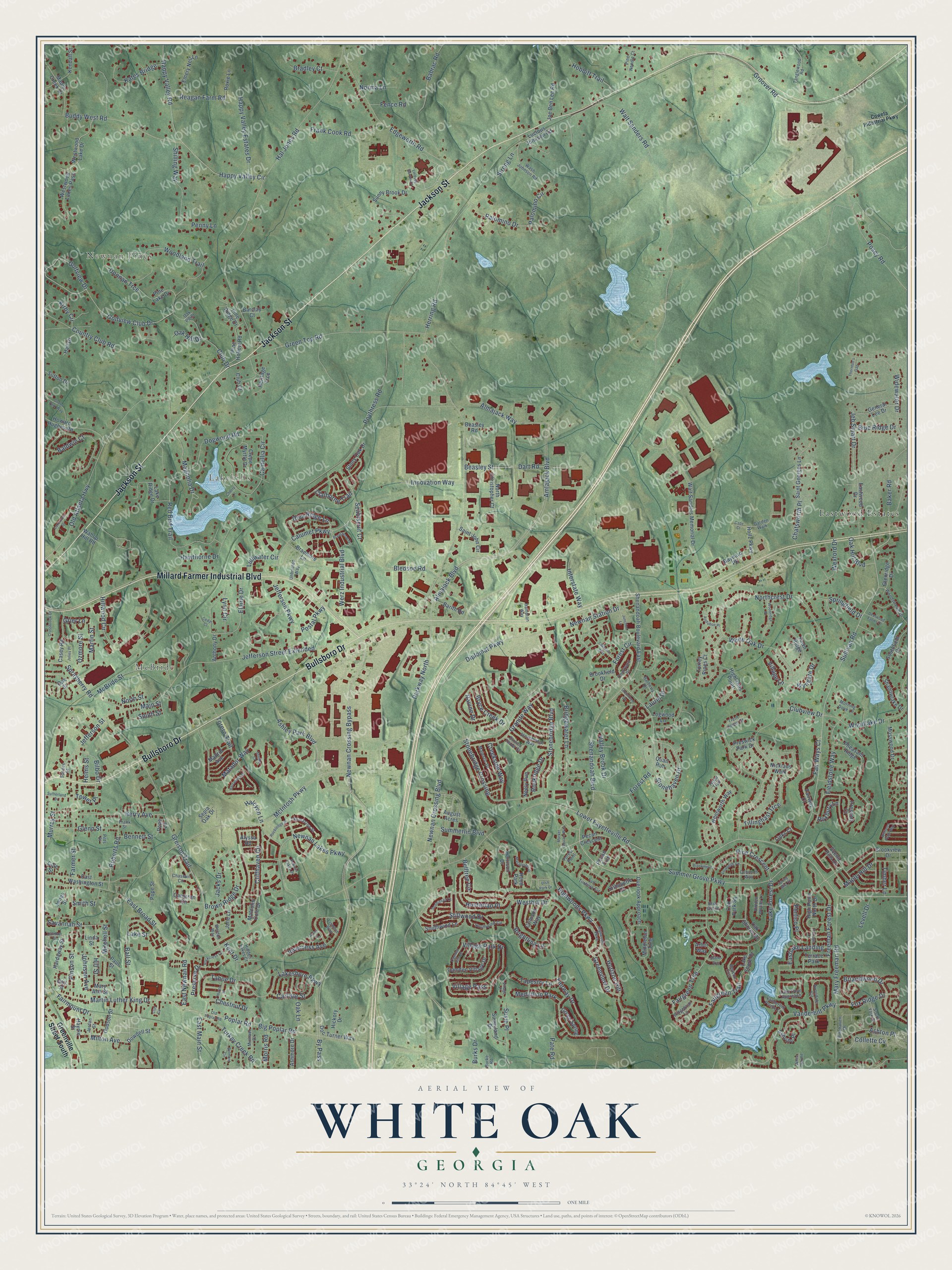 Full map of White Oak, Georgia, with red buildings, printed street names and the land around them