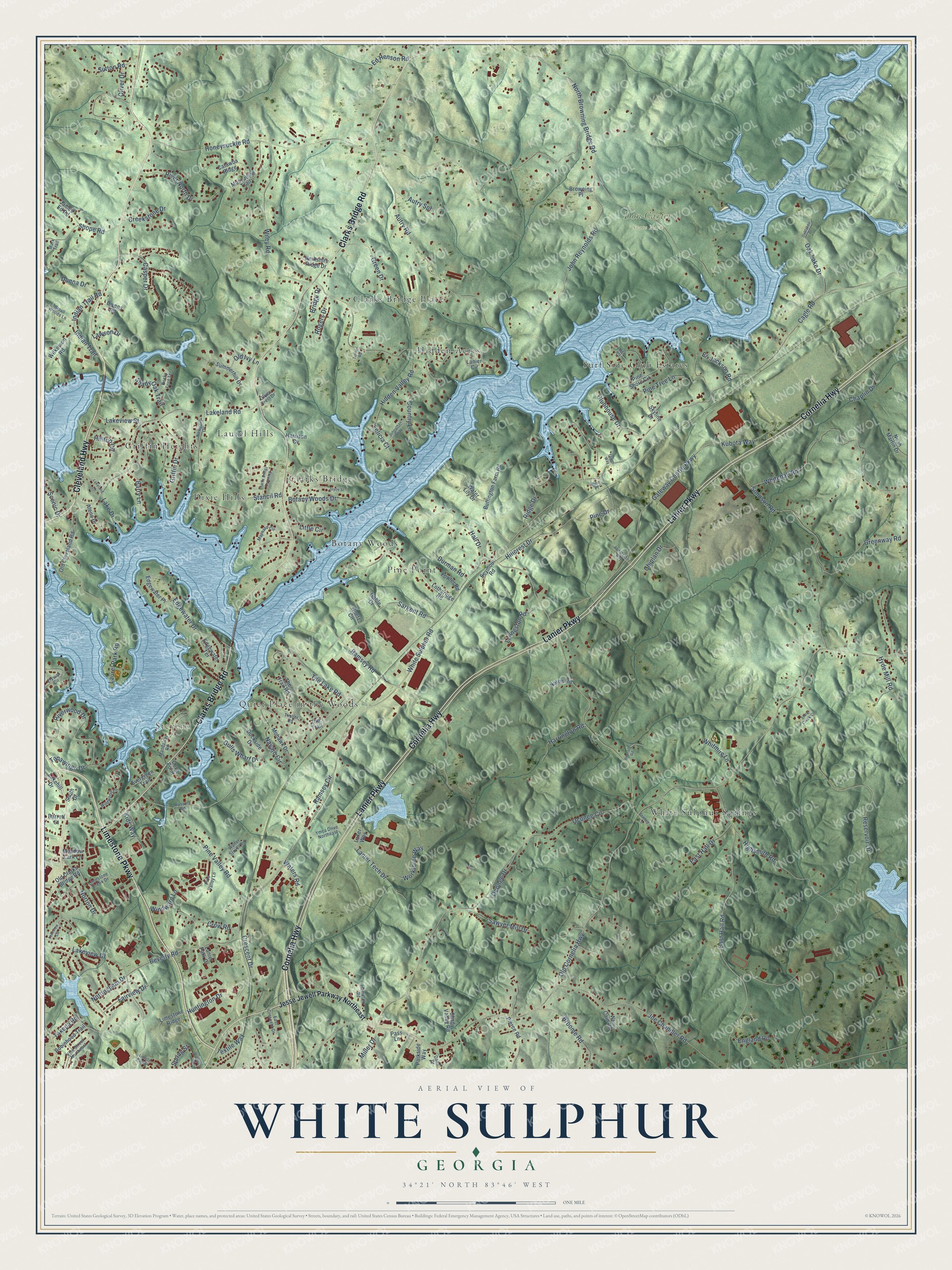 Full map of White Sulphur, Georgia, with red buildings, printed street names and the land around them