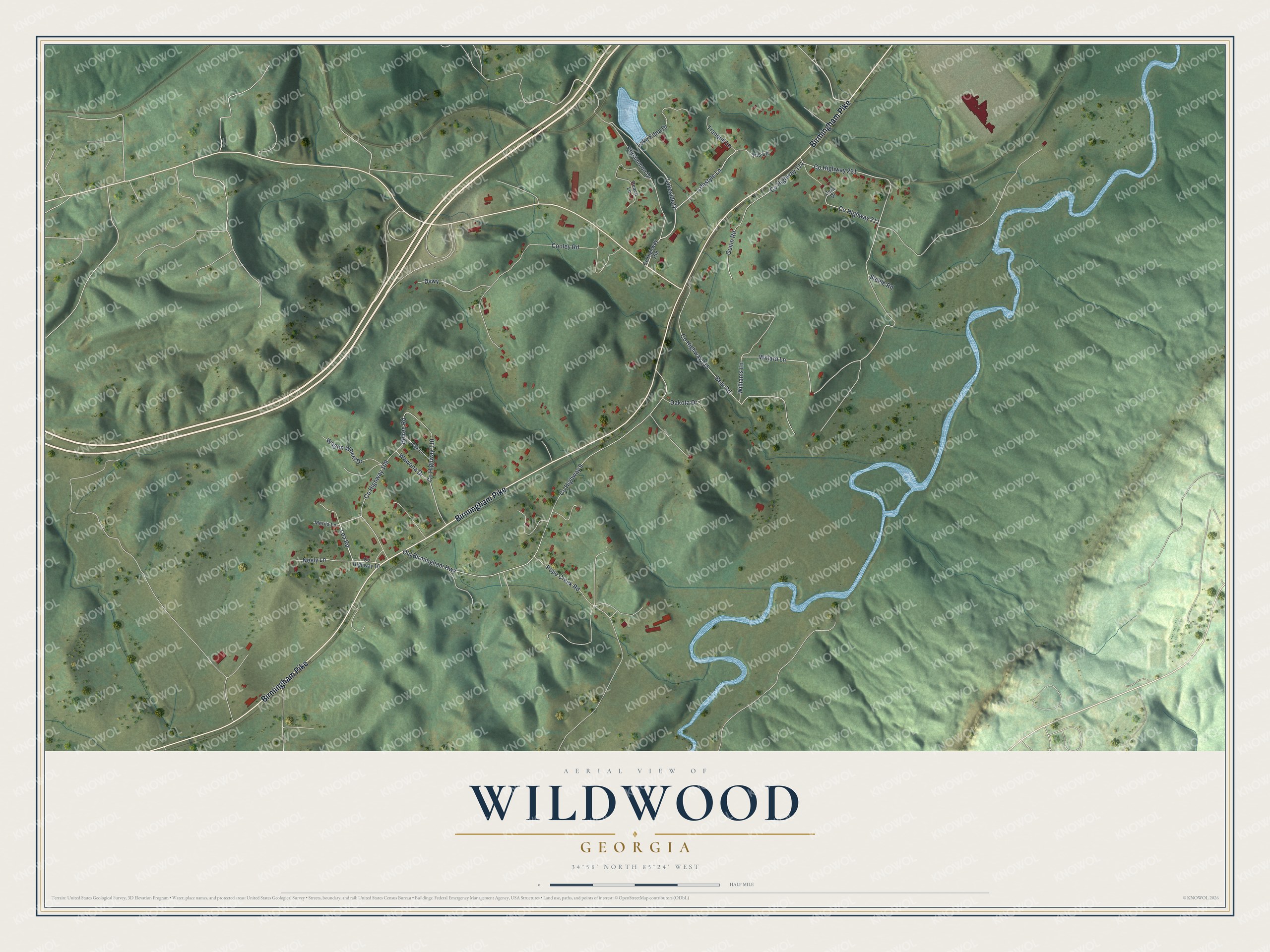 Full map of Wildwood, Georgia, with red buildings, printed street names and the land around them